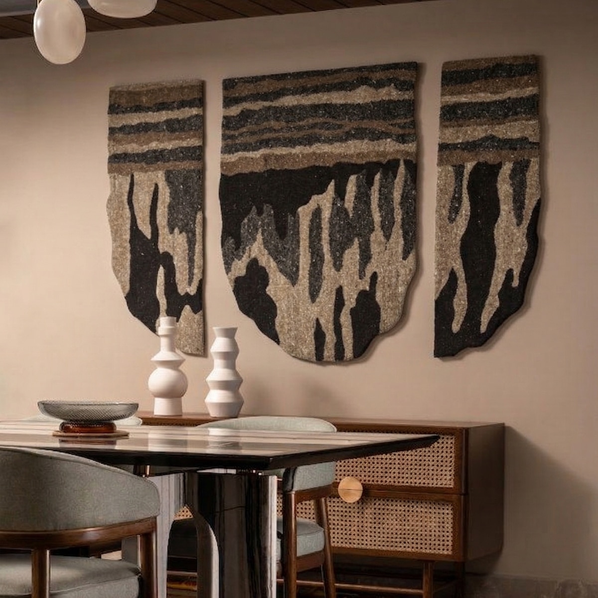 Abstract Handmade Natural Wool Wall Art Brown Black 3 Panel Set 4 x 2 Feet - NEU LOOMS