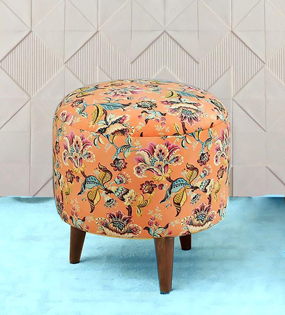 Elodie Solid Wood  Ottomon in  Orange Colour