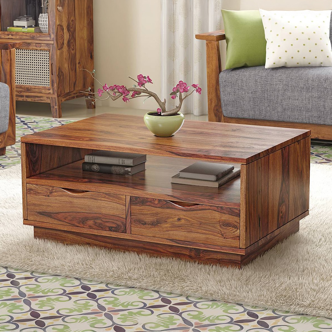 Zephyr Rectangular Solid Wood Coffee Table In Teak Finish - Urban Ladder