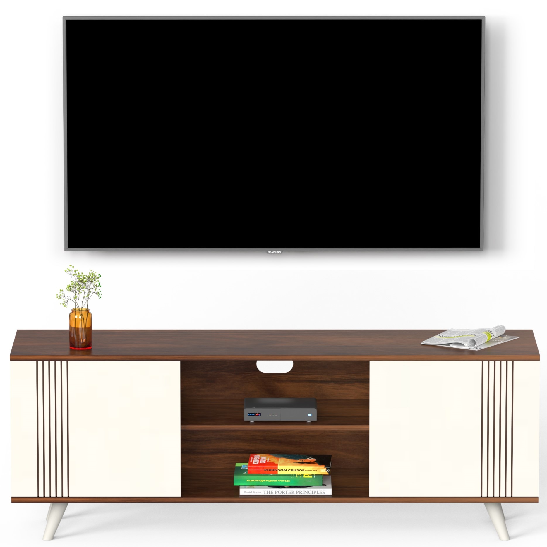 BLUEWUD Harmond Engineering Wood Floor Standing TV Entertainment Unit Set Top Box Stand/TV Cabinet Panel with Shelves for Books & D�cor Display Unit Bed Living Room Upto 55" (Brown Maple & White)