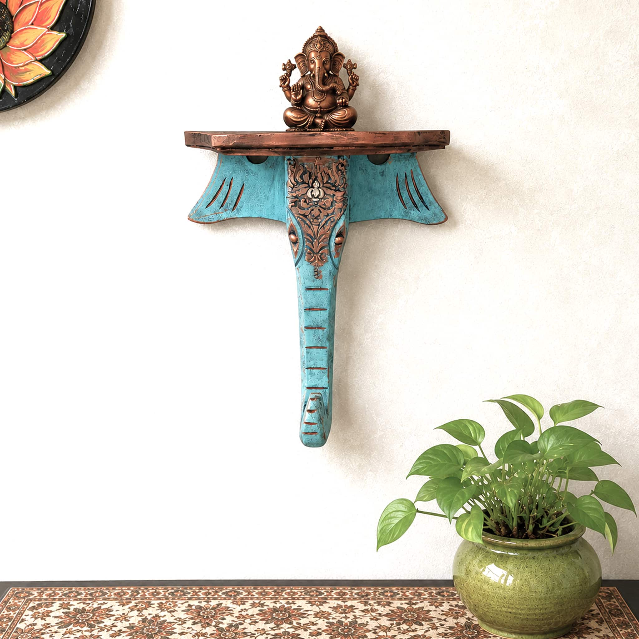 Multishade Colour Solid Wood Handcarved Siddhivinayak Wall Shelf with distres finish by DisooFashions - Disoo Fashions