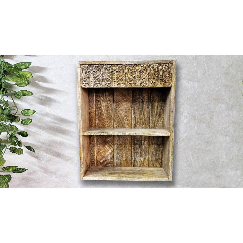 Solway Brown Colour Solid Wood Handcarved Box Style Floating Wall Shelf with compartment