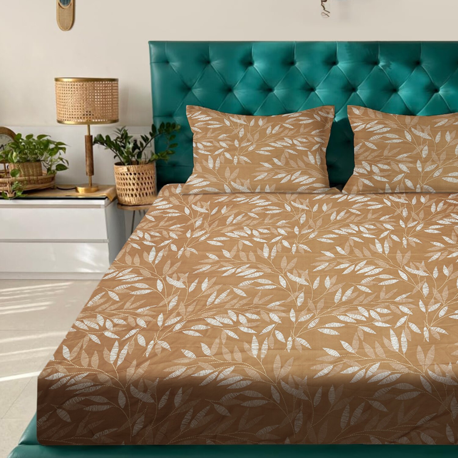 Brown Floral 180 TC Flat 1 Queen  Bedsheet with 2 Pillow Covers
