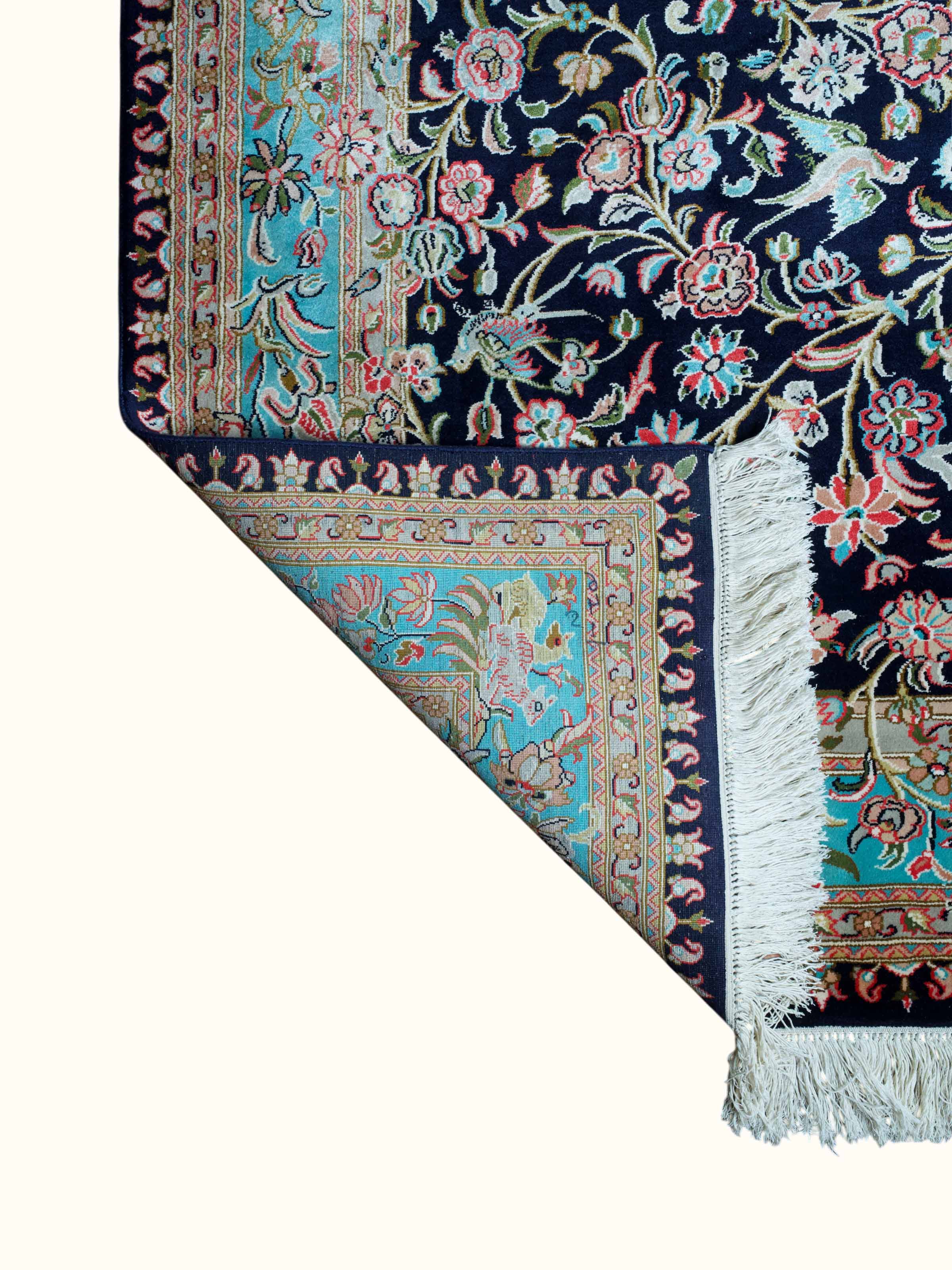 Traditional Persian Navy Floral Allover Kashmir Silk Hand-Knotted Carpet