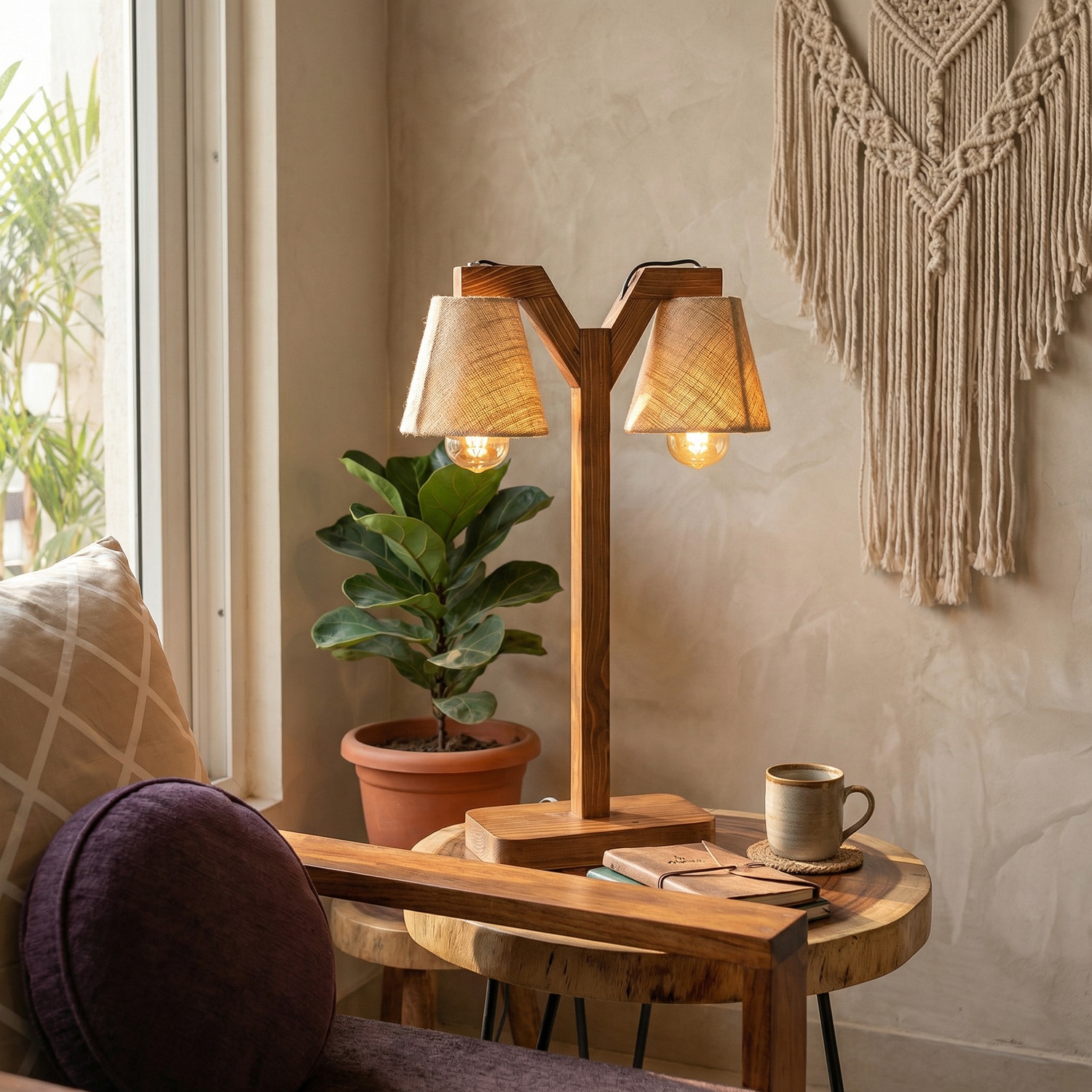 Elania Wooden Table Lamp with Brown Base and Premium White Fabric Lampshade