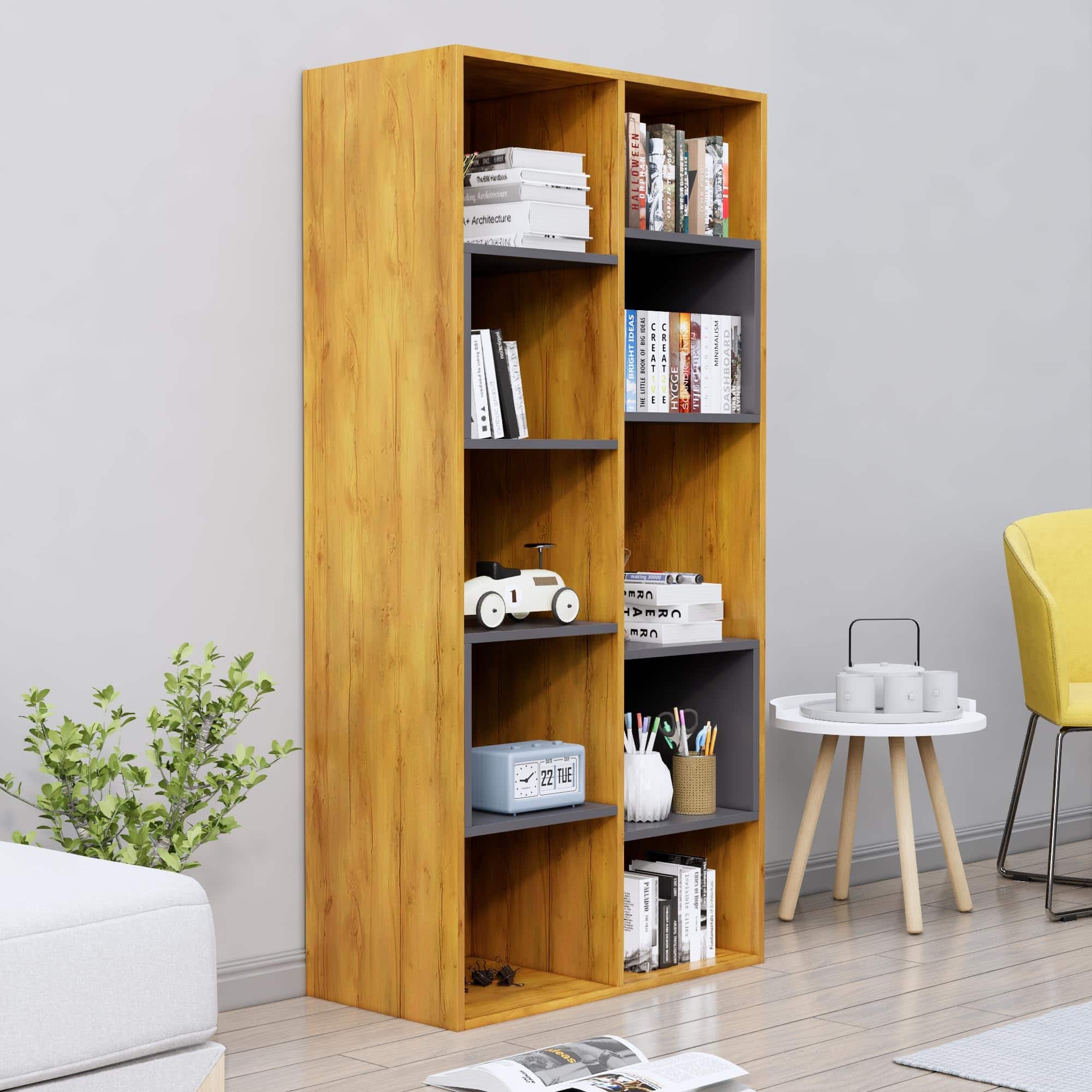 Hexa Engineered Wood Bookshelf Multipurpose Storage Rack in Giant Wood and Slate Grey Colour - HexaRed
