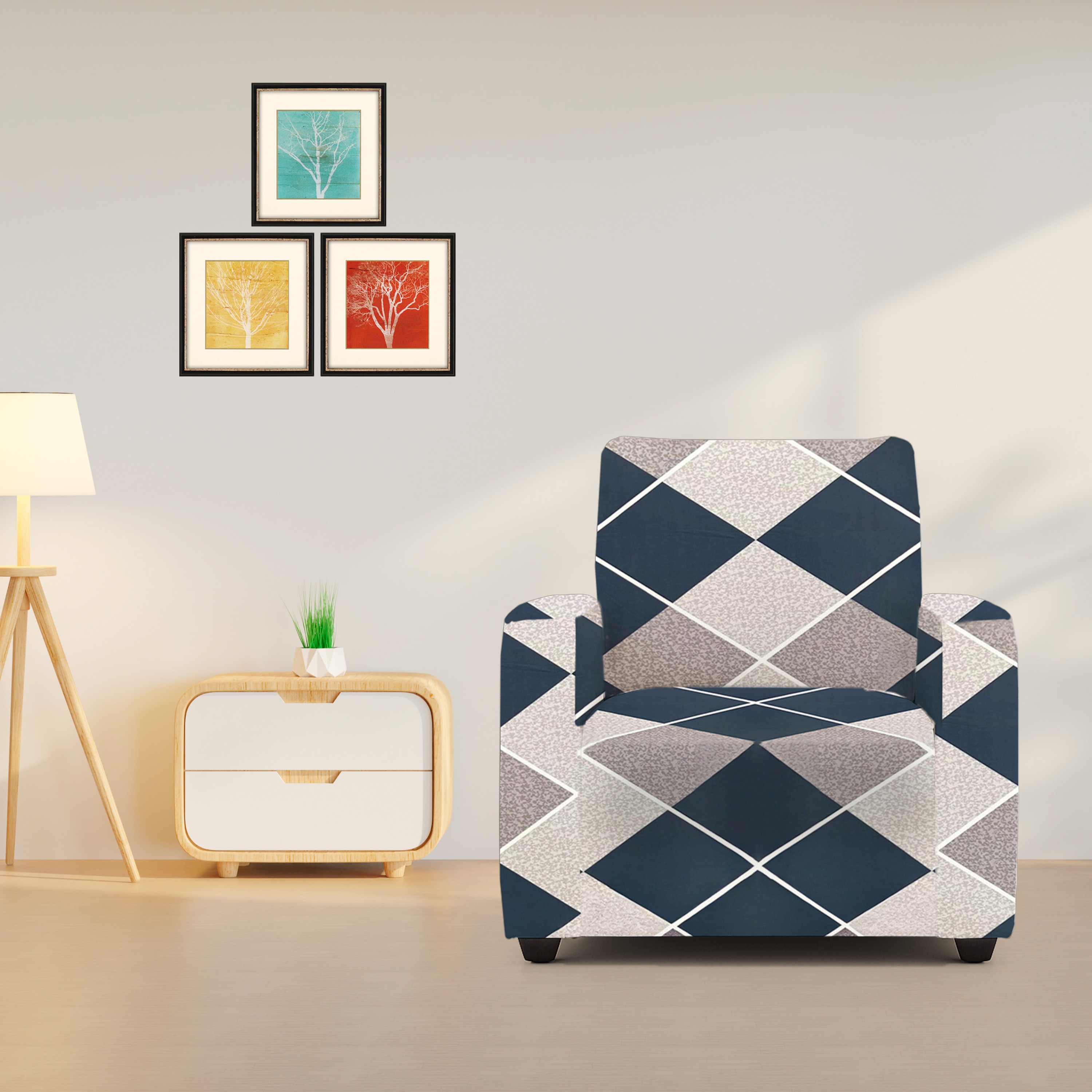 1 Seater Navy Cubes Sofa Cover - SCM