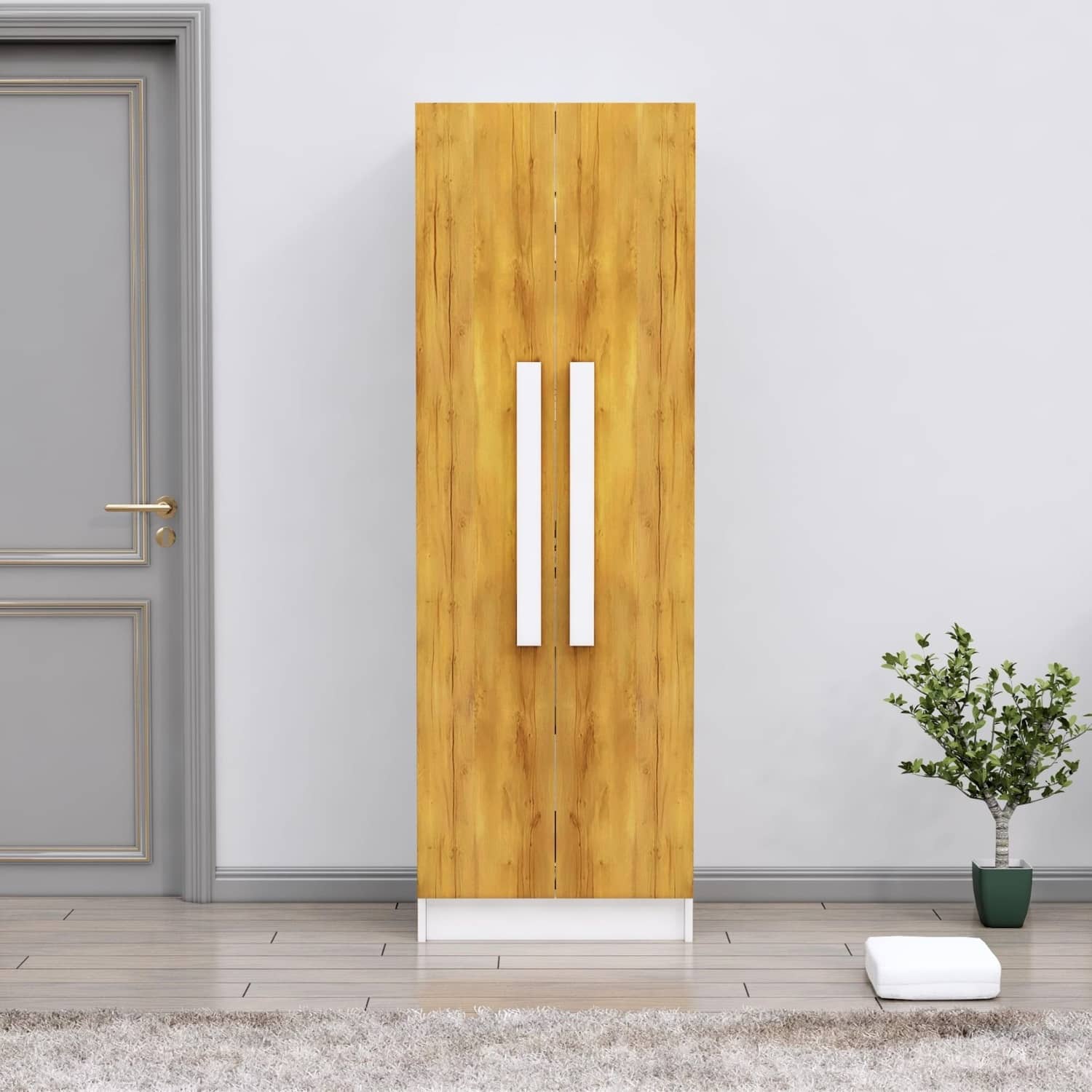 Hexa Red Wooden 2 Door Wardrobe with 4 Shelves in Frosty White and Giant Wood Colour - HexaRed
