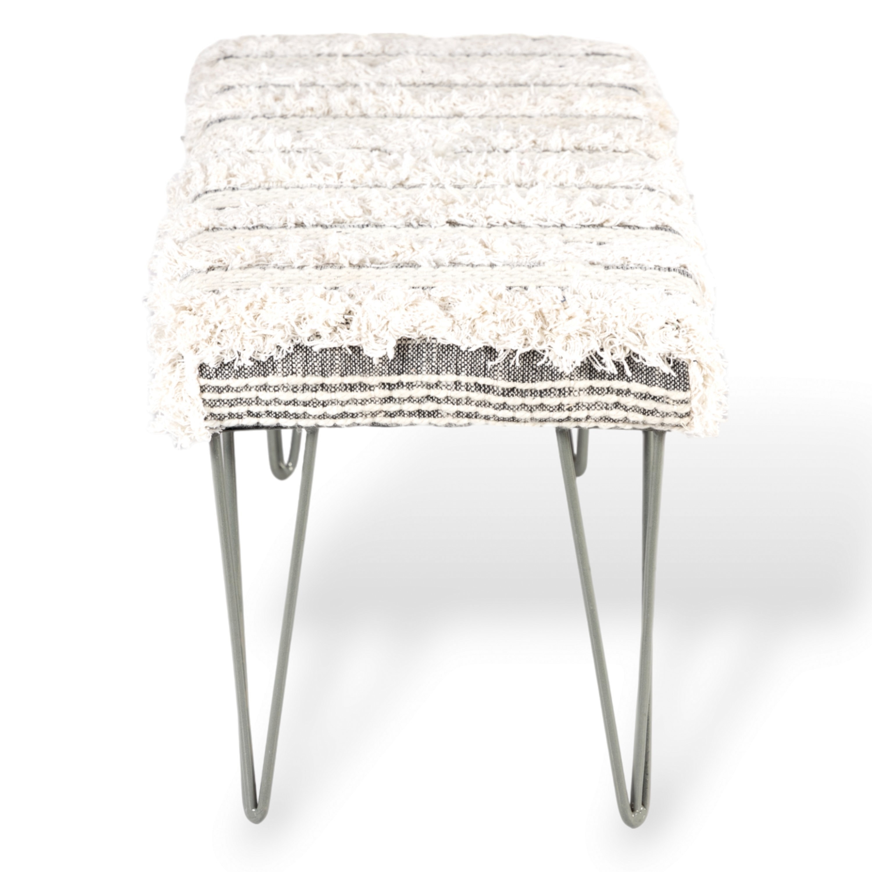 Belmont Sheesham Wood Mid Century 3 Seater Bench With Metal Legs In Grey Fabric