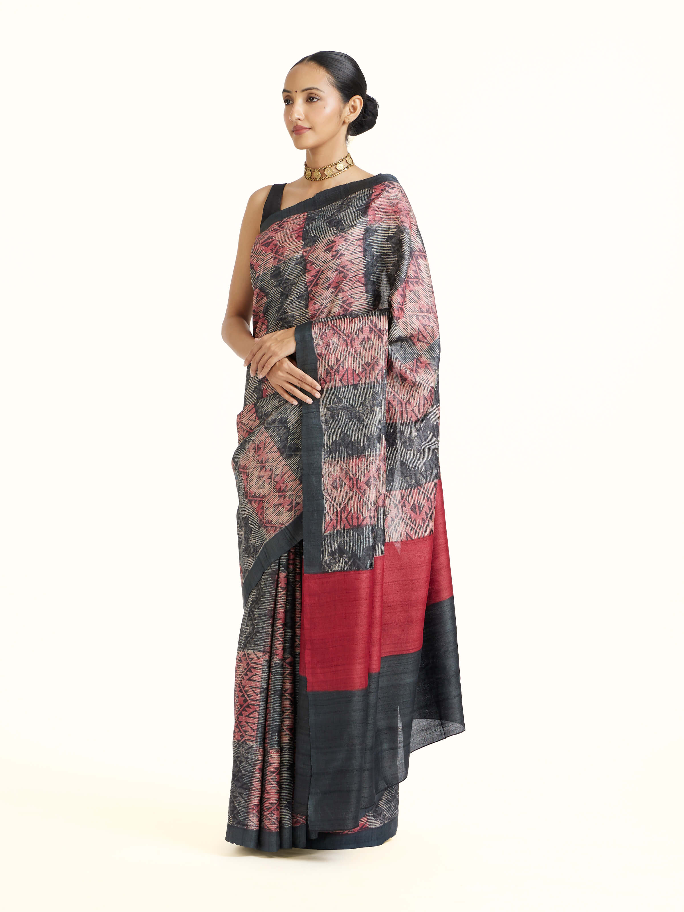Black Tussar Silk Discharge Block Printed Saree
