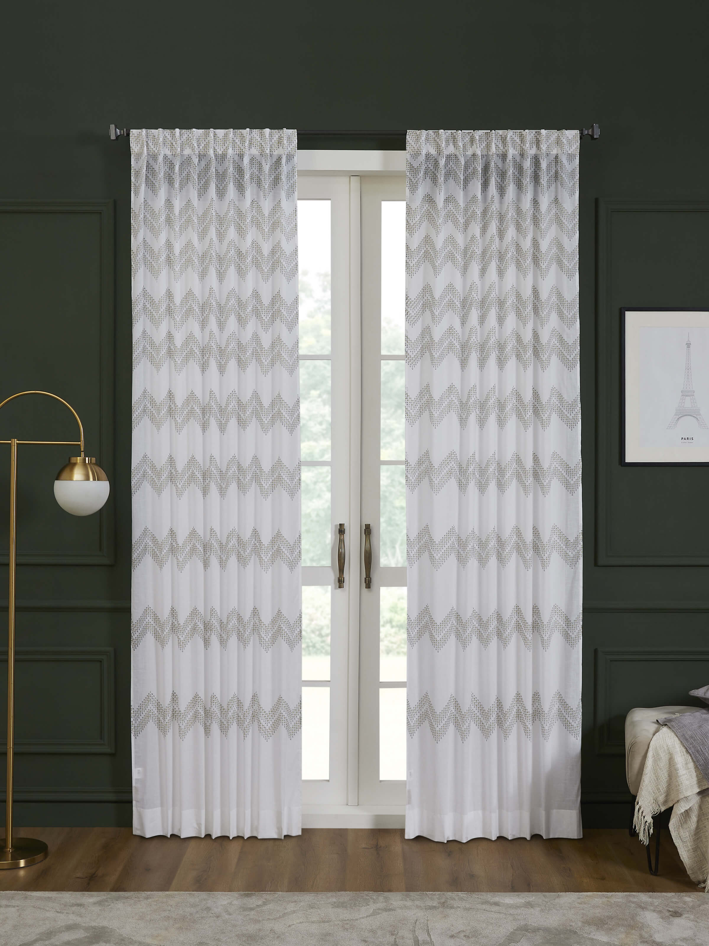 Rambagh Green Geo Chevron Cotton Sanganeri Hand Block Printed Curtain (9 Ft)