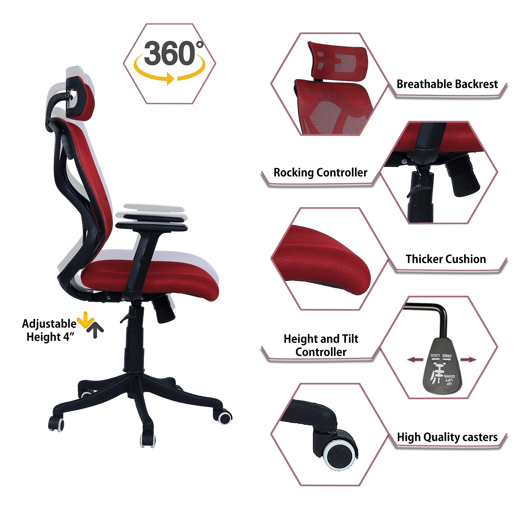 Zeeazyana High Back Ergonomic Chair in Red Colour