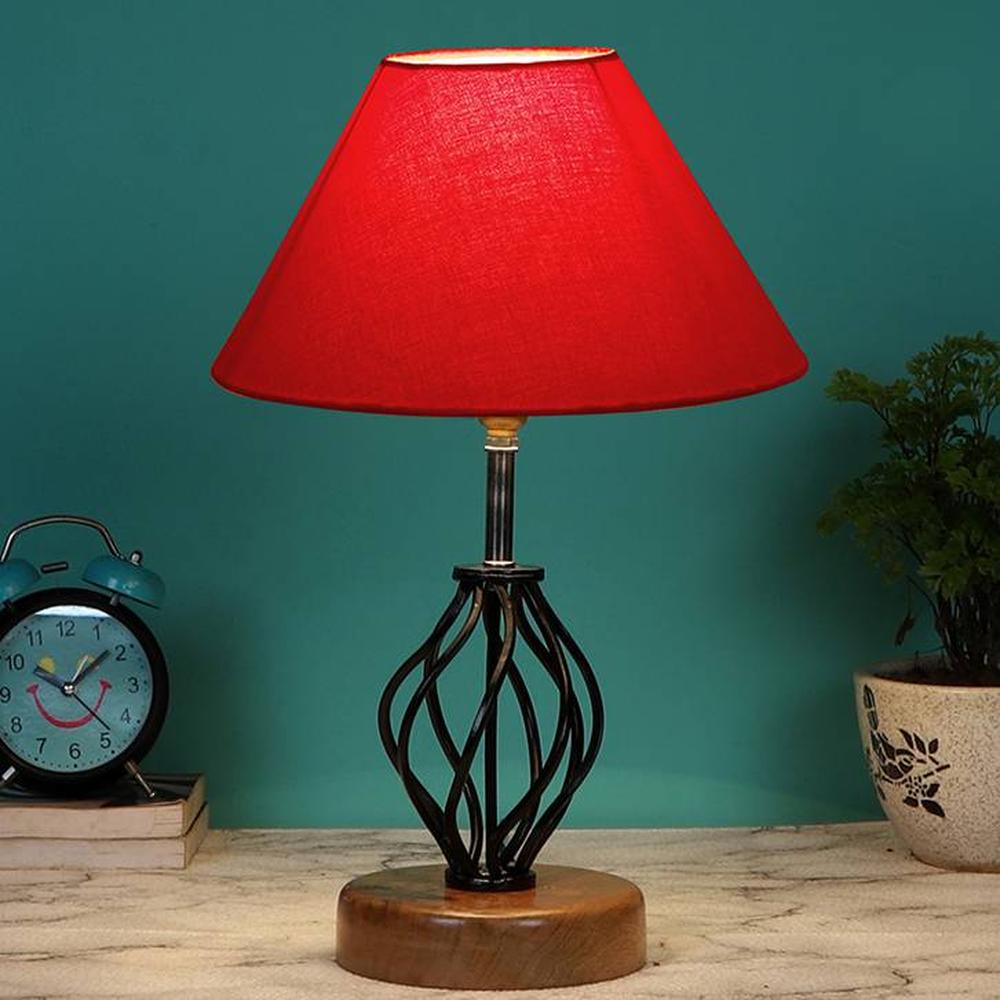 Rebecca Red cotton Table lamp with Wood & Iron Base