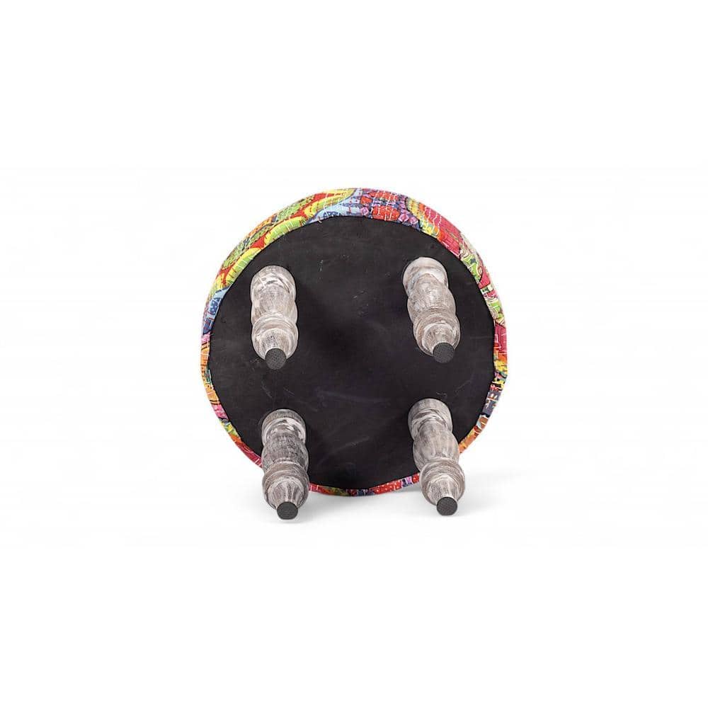 Roswell Sheesham Wood Bohemian Round Stool in Israel Print Patchwork Kantha Upholstery