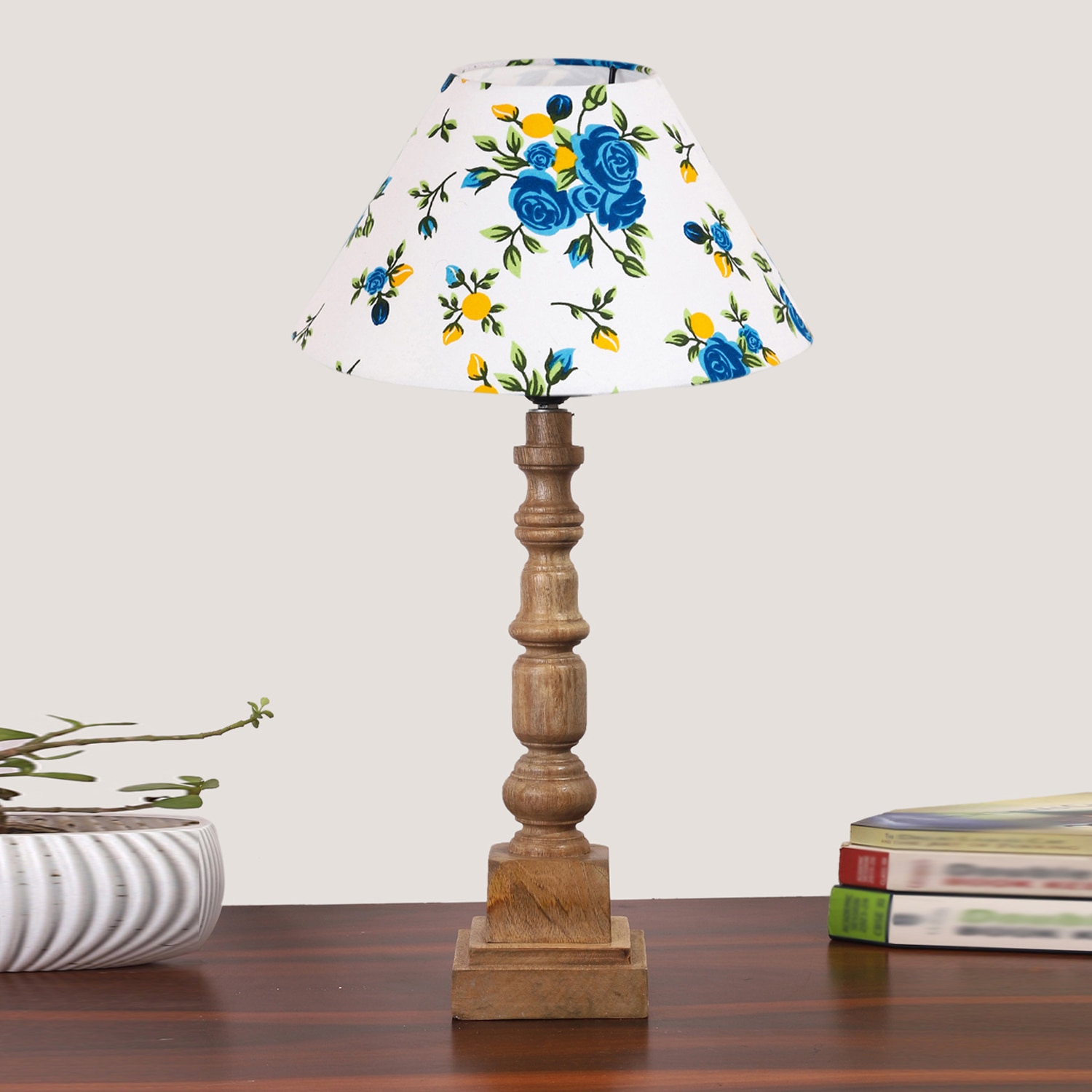 Devansh Multicolor Cotton Table Lamp With  Wood Natural Base (10X10X21 Inches)-38 - Devansh