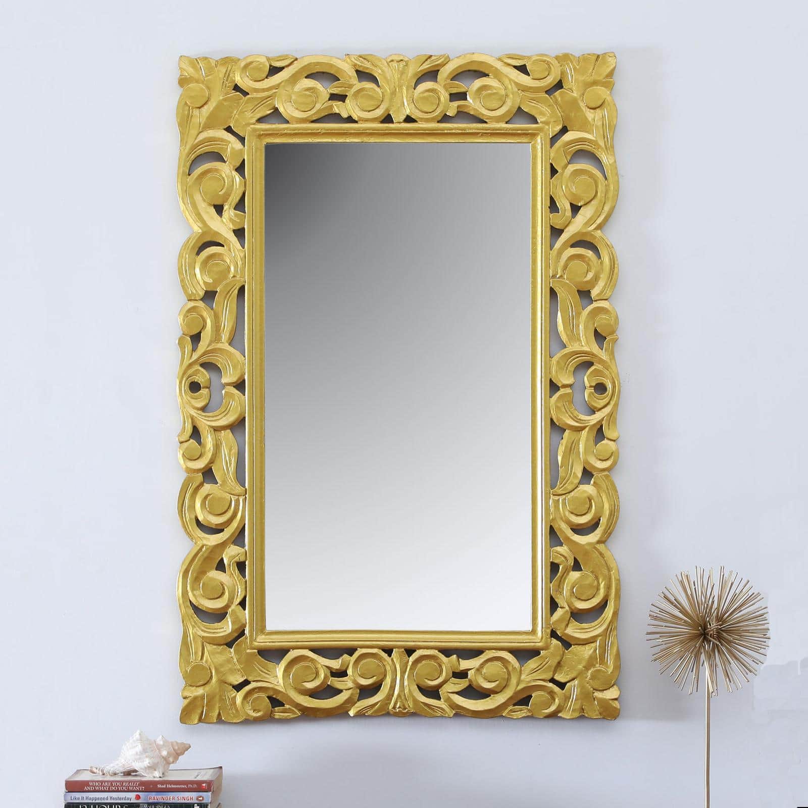 Minar Mango Wood Handpainted Gold Carving Wall Mirror