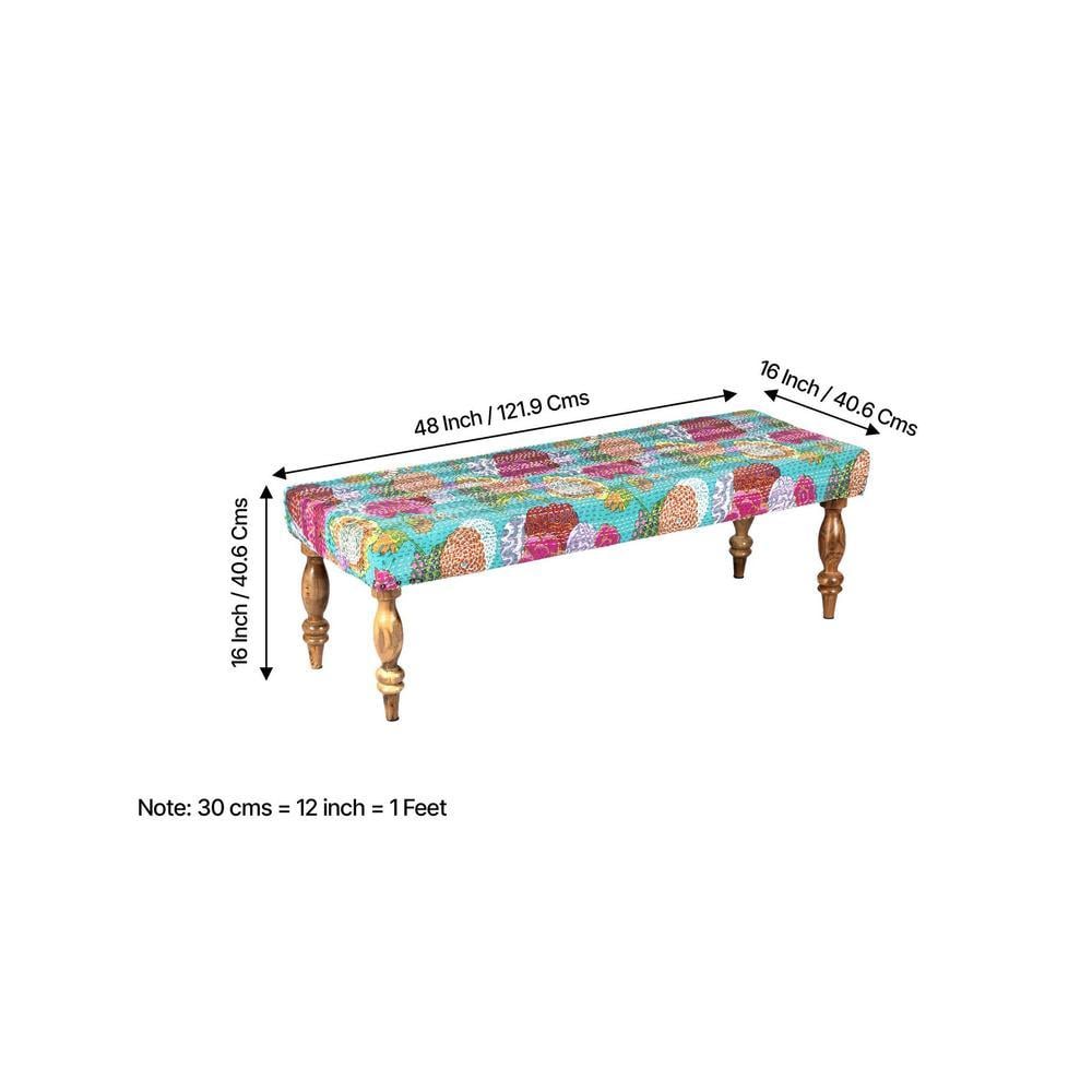 Cairo Solid Wood 2 Seater Bench In Floral Print Green Kantha Fabric