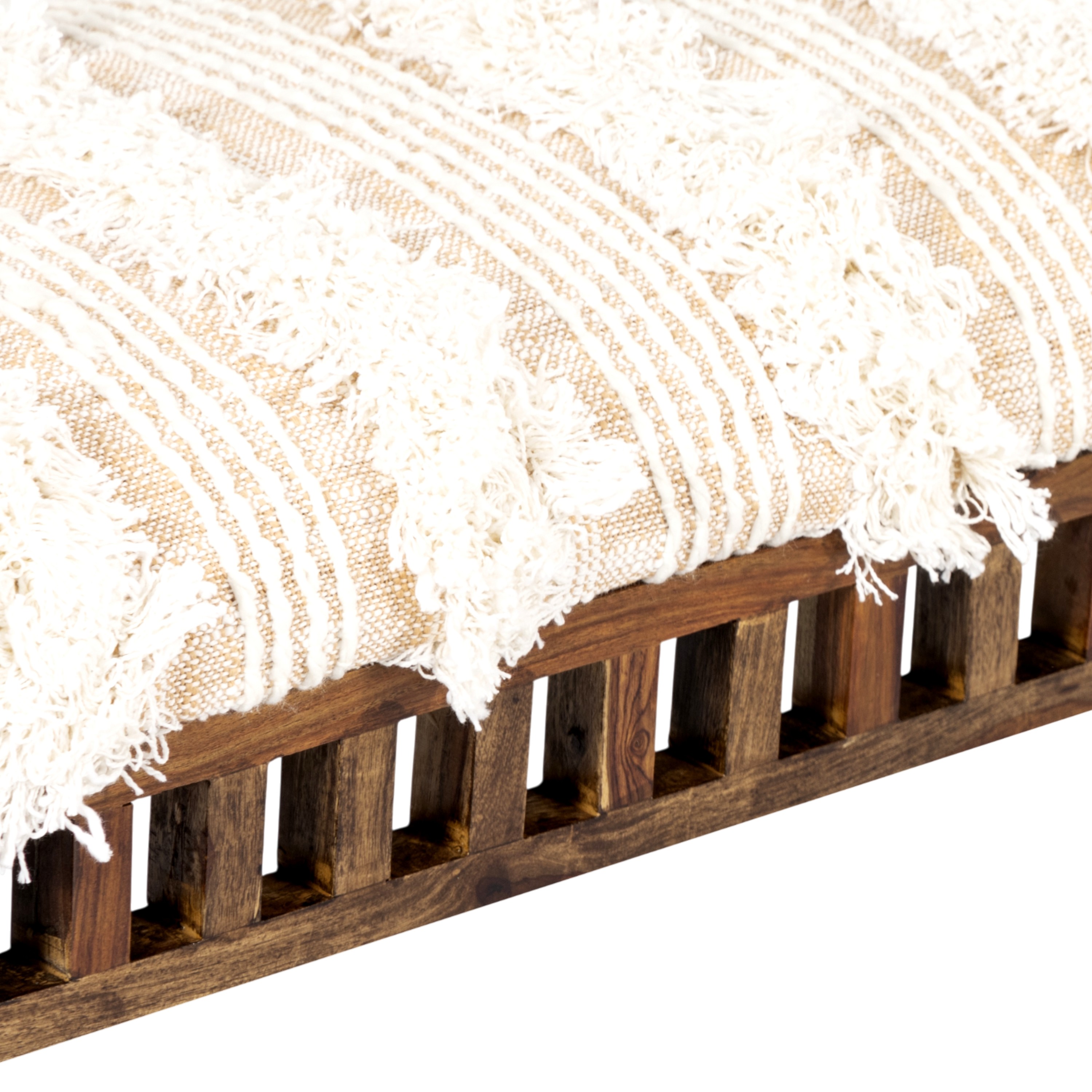 Milford Sheesham Wood Mid Century 3 Seater Bench In Beige Fabric