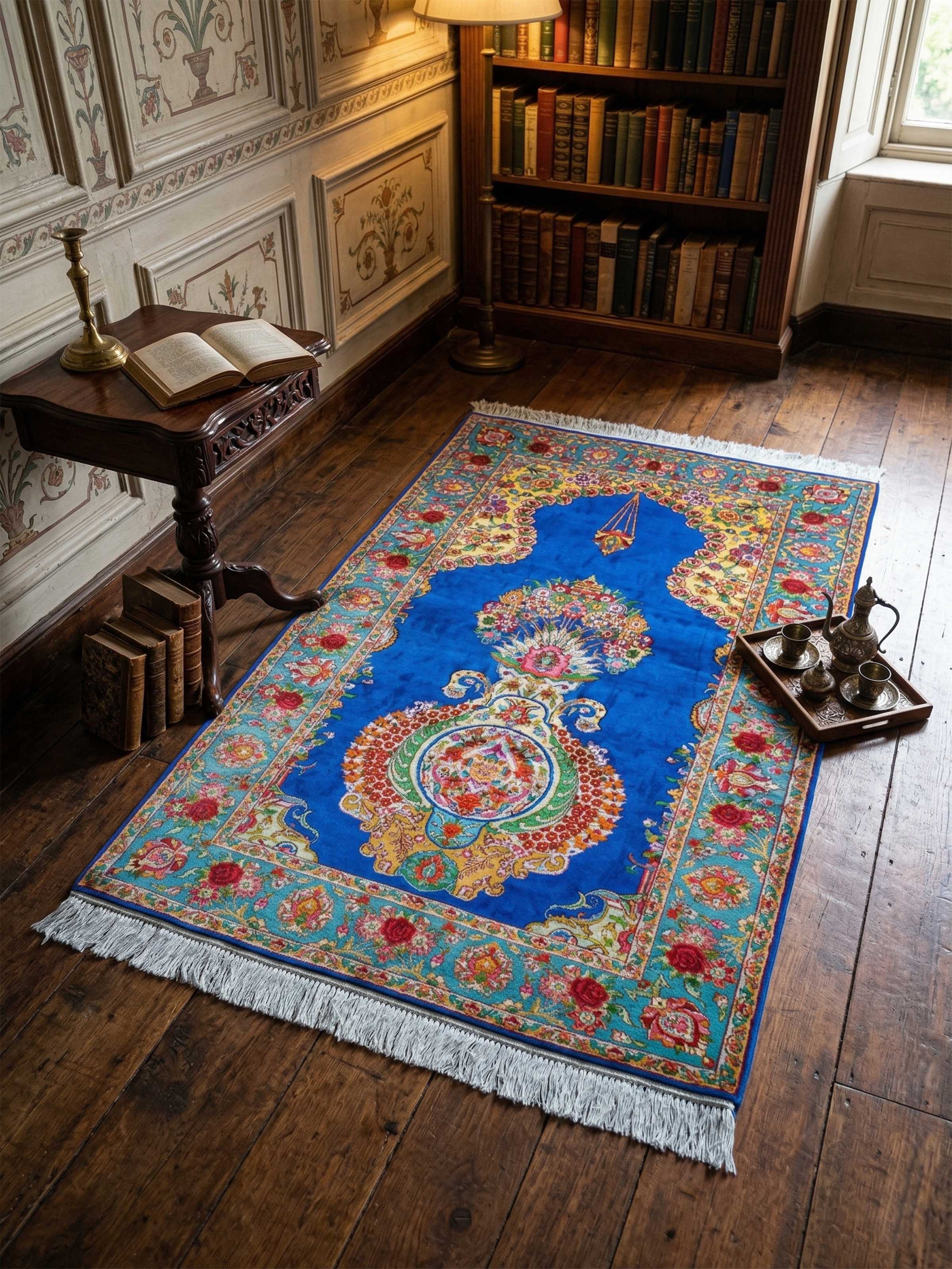 Traditional Persian Blue Guldani Kashmir Silk Hand-Knotted Carpet