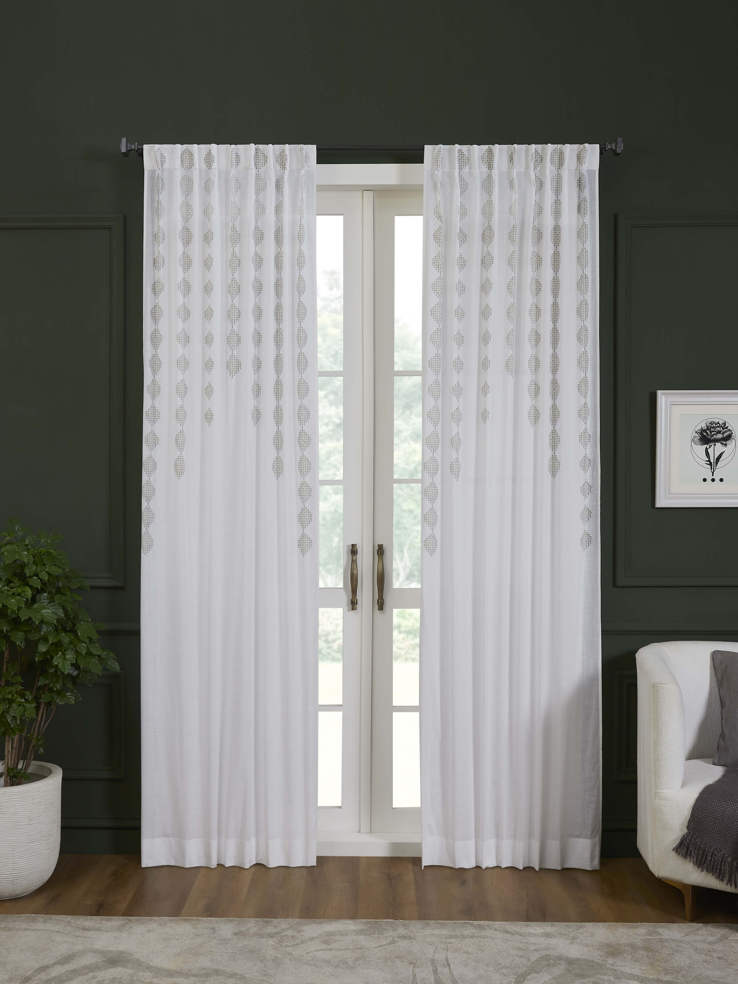 Rambagh White & Green Modern Geo Cotton Sanganeri Block Printed Curtain (9 Ft)