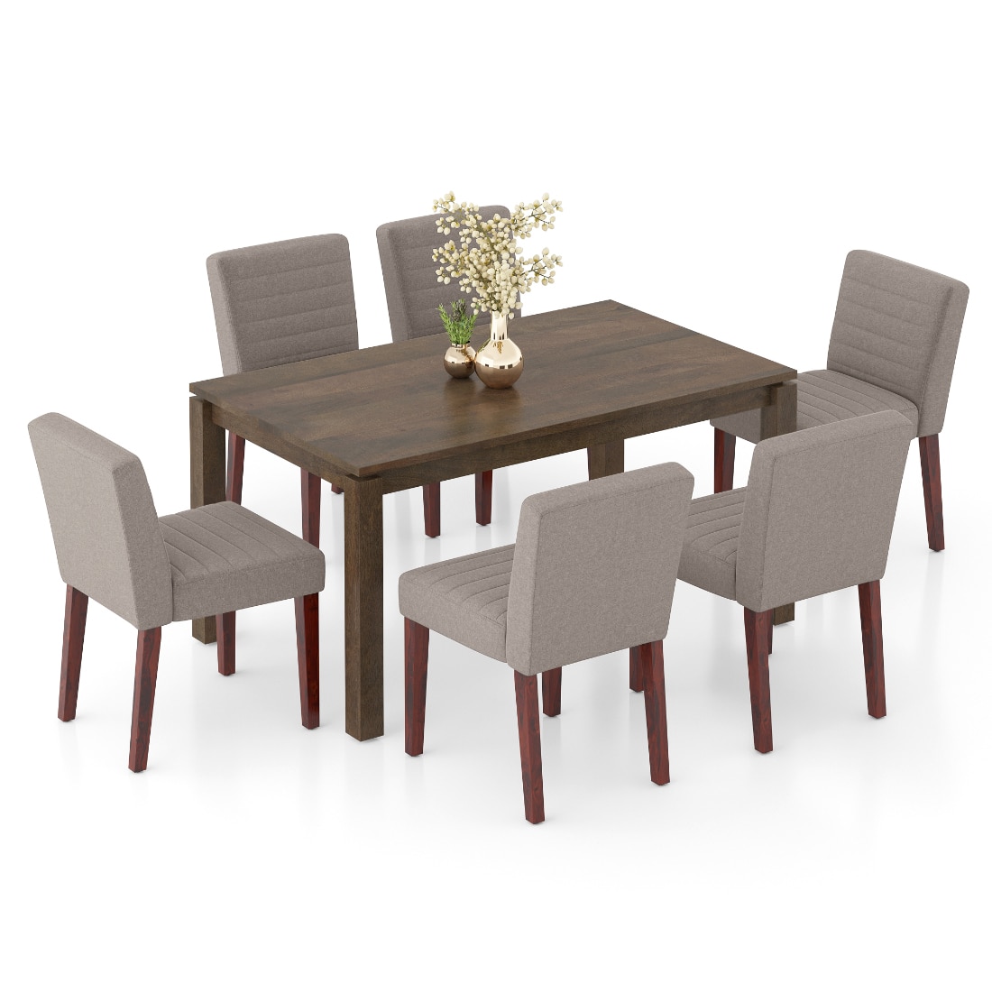 Atlas Solid Wood 6 Seater Compact Dining Table with set of 6 Ludo upholstered dining chair in Shitake Beige fabric