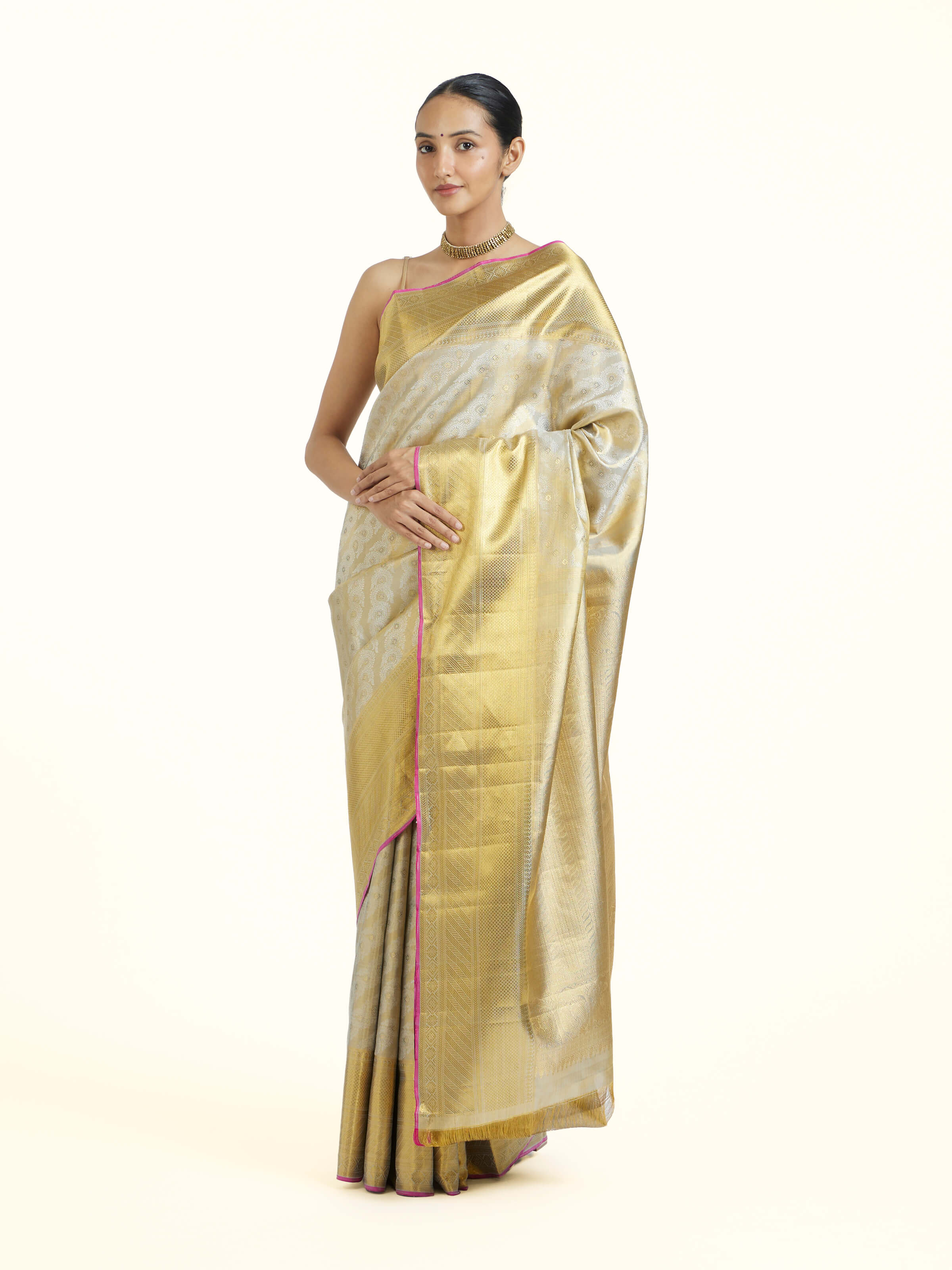 Beige Kancheepuram Silk Sari Zari Saree