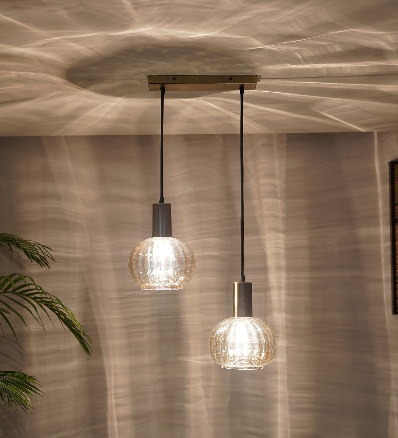 Opaline 2 Light Globe Linear Blue Lustre Glass And Brass Metal  Hanging Pendant Light