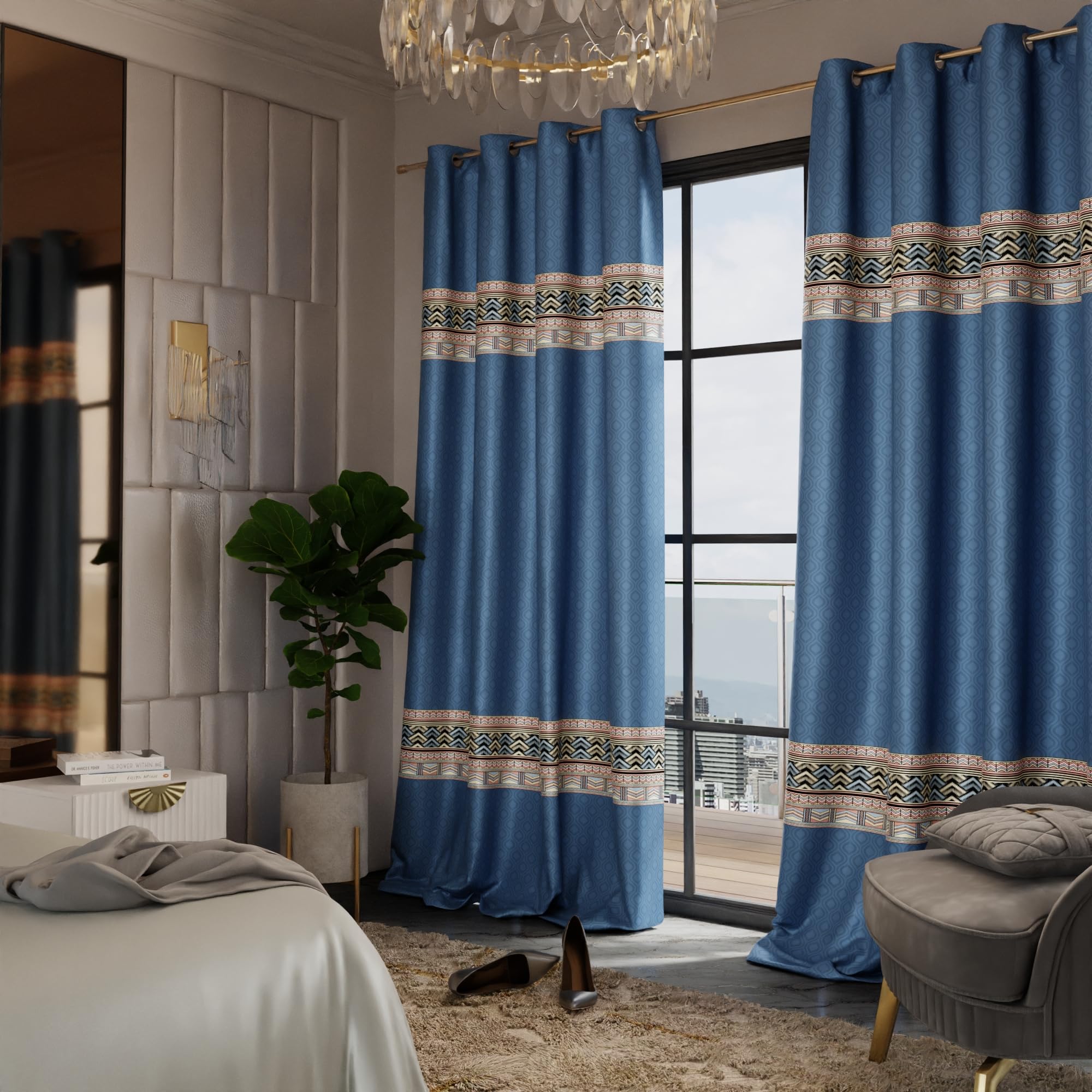 Stoa Paris Satin Long Door Curtain, 70% Blackout Curtains, Sun Protection, Set of 2, Versailles - Celestial Blue - Stoa Paris