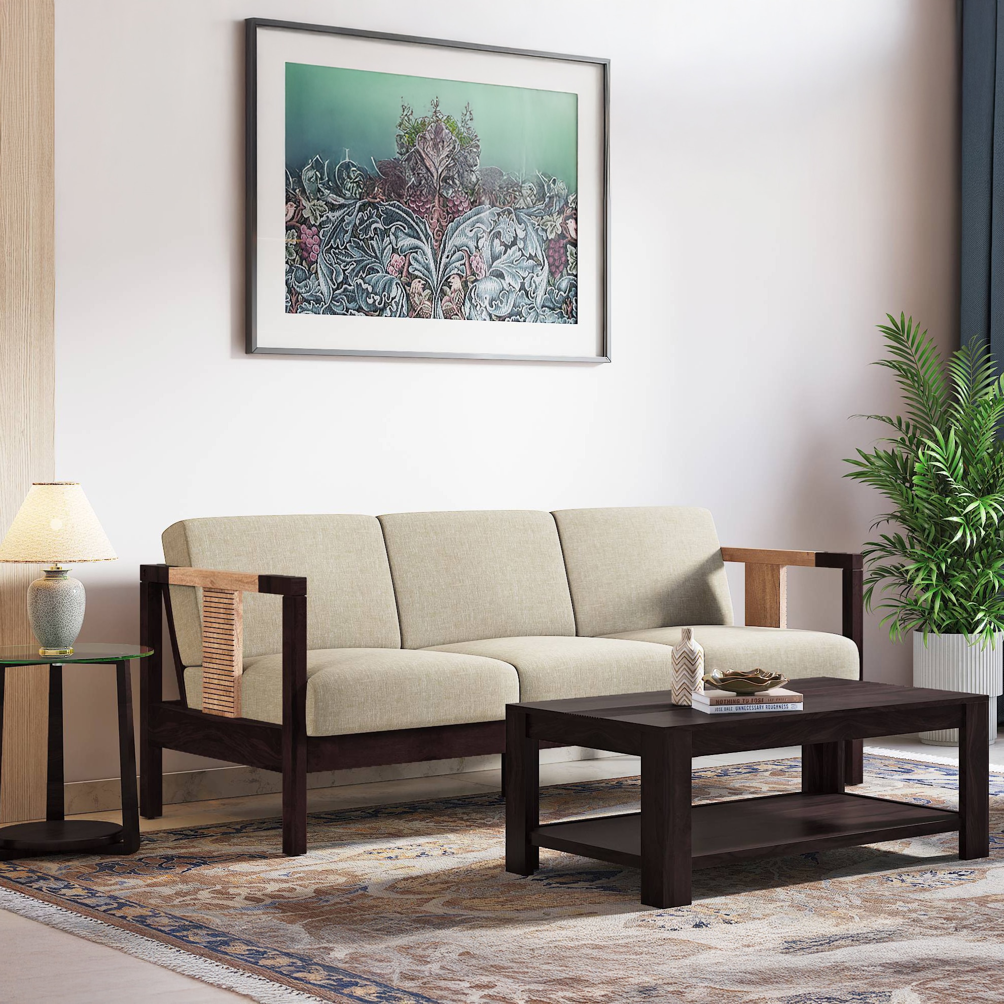 Cairo 3 Seater Wooden Sofa (Macadamia Brown)