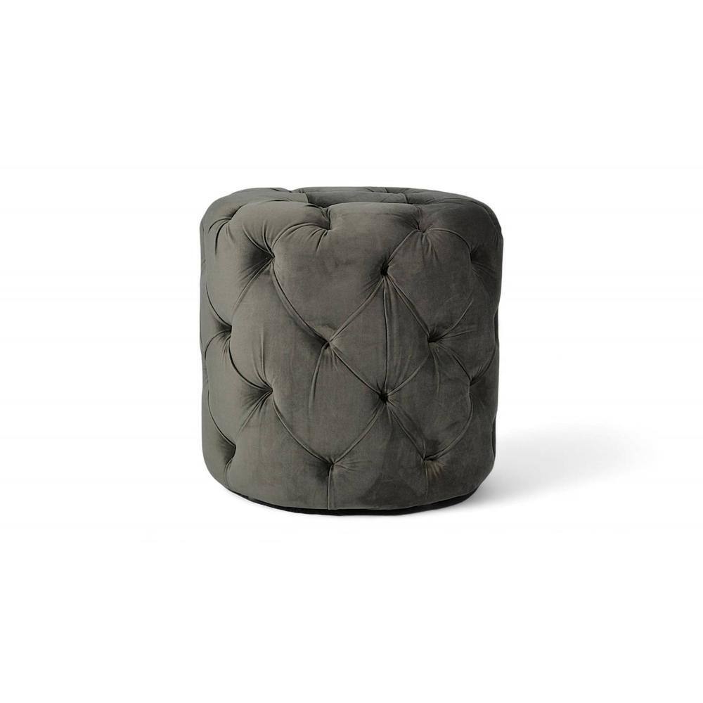 Dallas Solid Wood Accent Round Set of 2 Ottomans in Iron Grey Velvet Upholstery