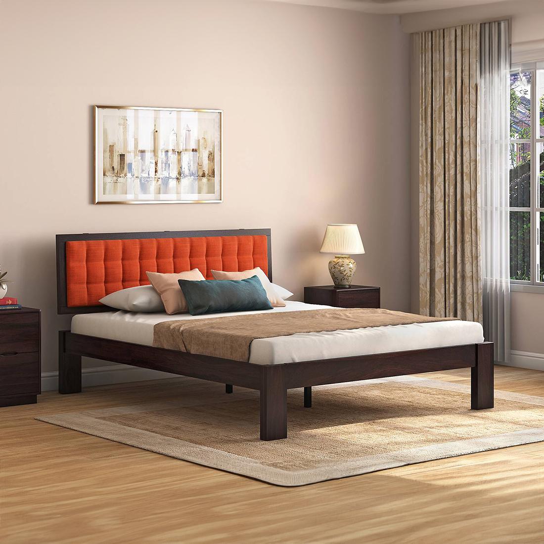 Florence Bed Solid Wood Queen Size Bed In Mahogany Finish & Lava Colour