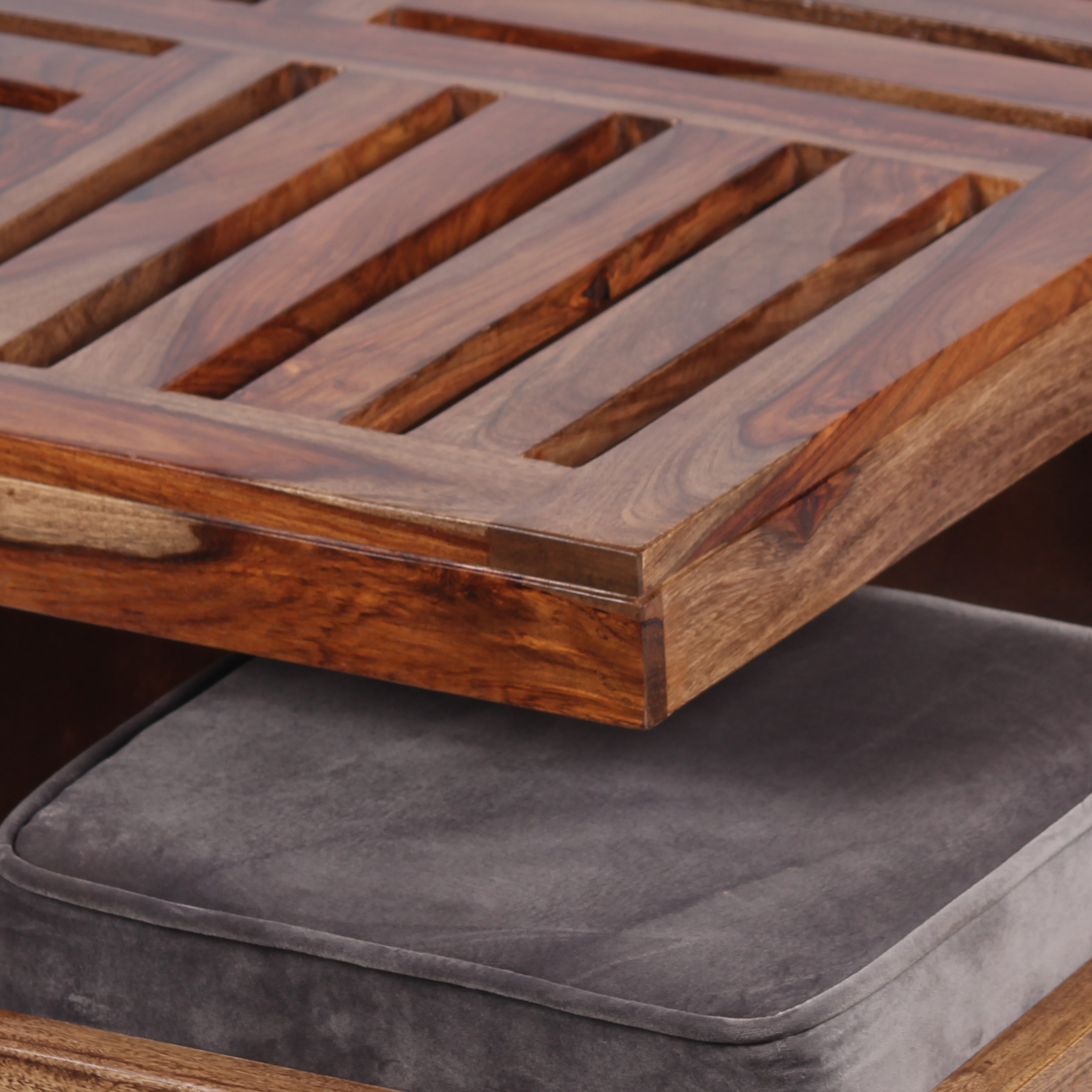 Palladio Sheesham Wood Coffee Table With 4 Stools Set In Teak Finish & Iron Grey Velvet Fabric Cushions