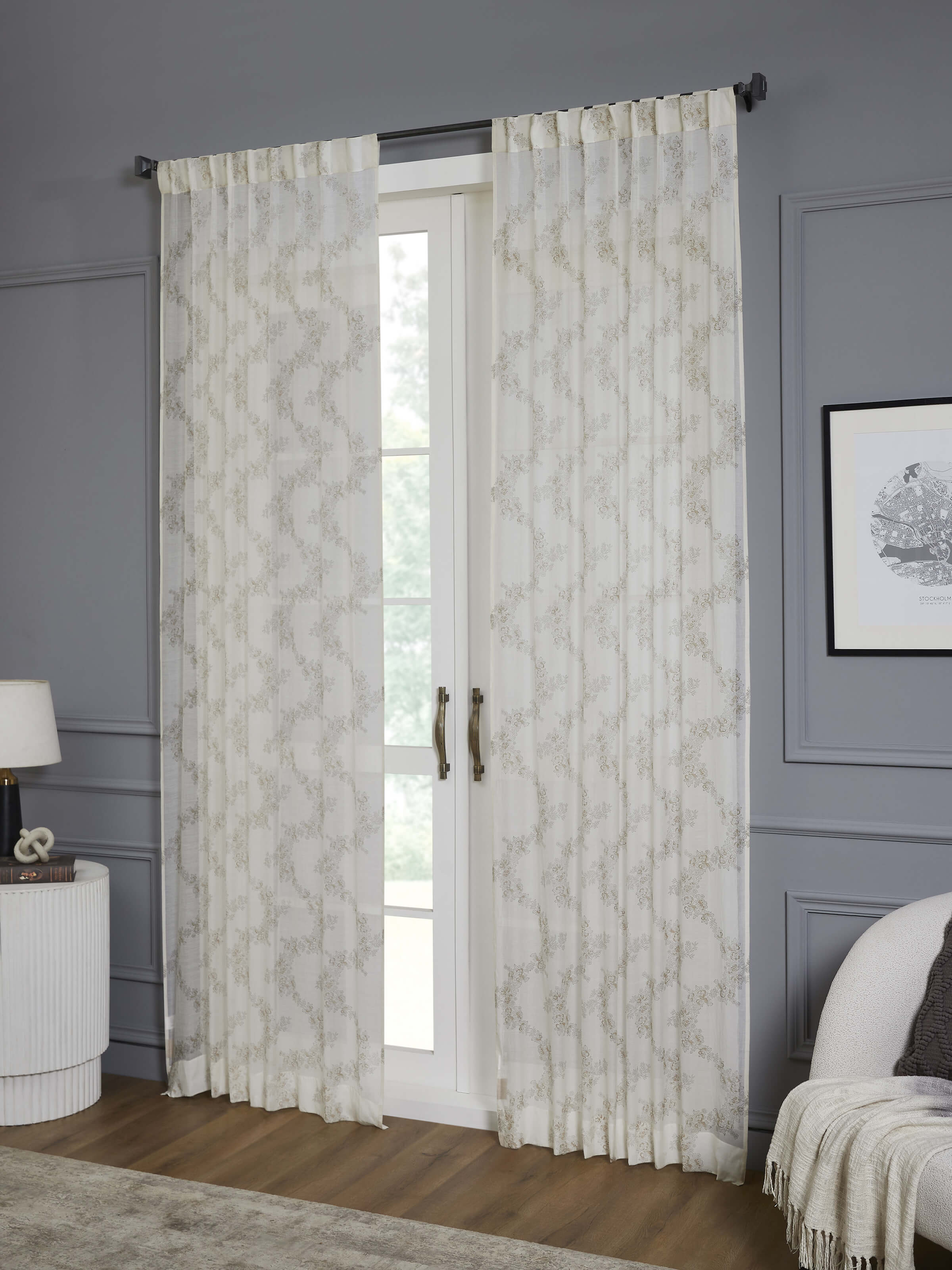 Shivranjini ivory and blue floral trellis cotton silk Sanganeri block printed curtain 9 ft – Swadesh