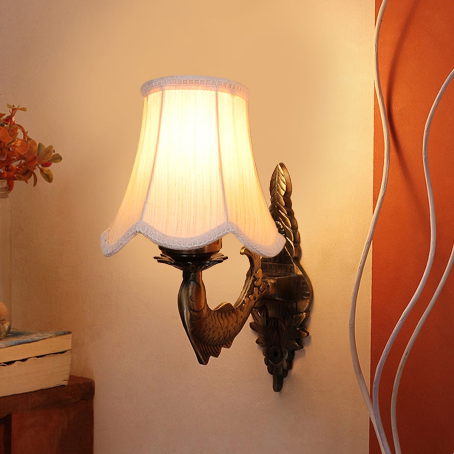 Devansh Gold Antique Wall Mounted Lamp With Off-White Cotton Shade - Devansh