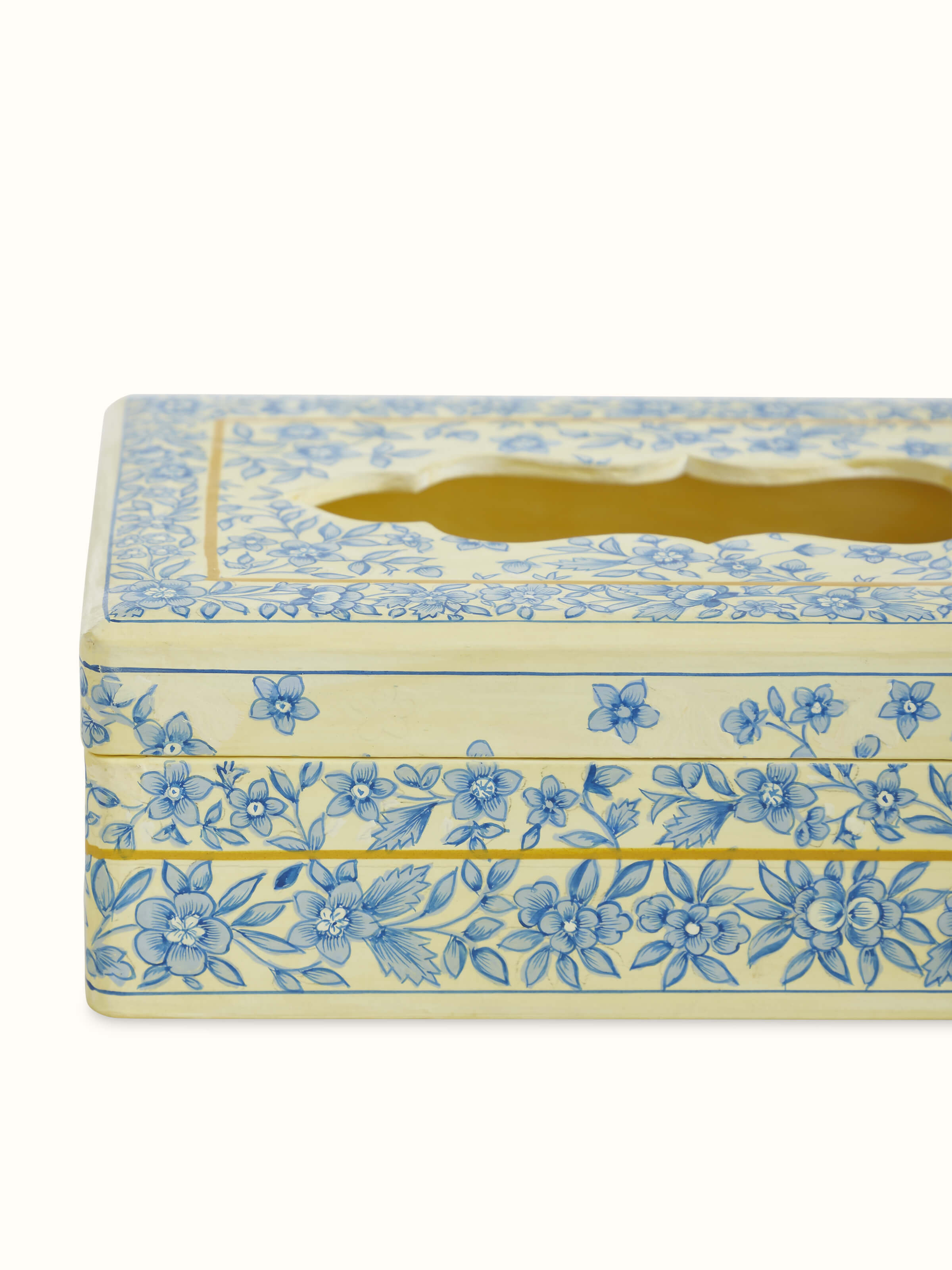 Detailed side view of white Papier-mache & Wood Tissue Box from Swadesh emphasizing its sleek design and durable material