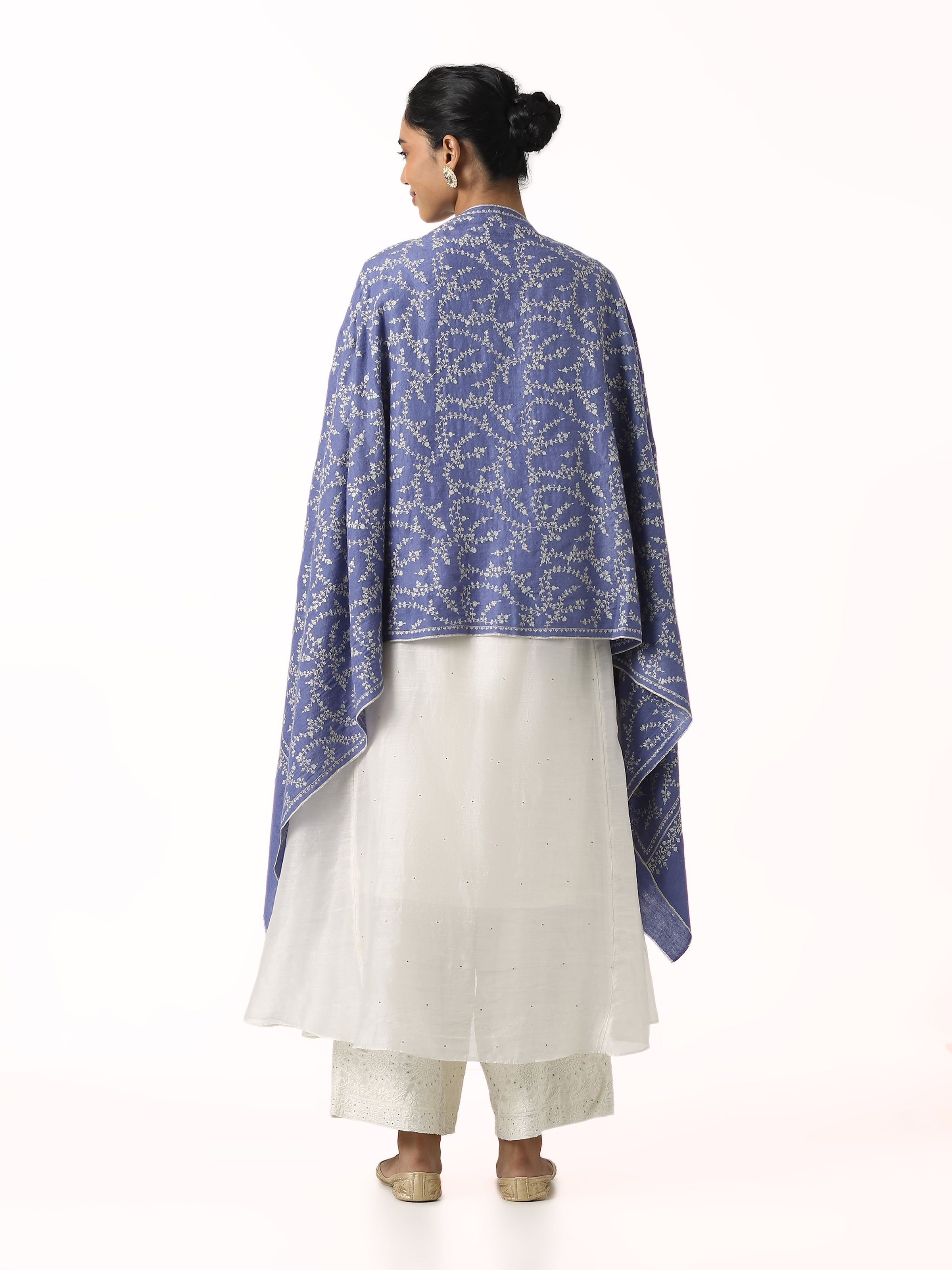 Back view of black jalidar sozni embroidered stole displaying full pattern layout