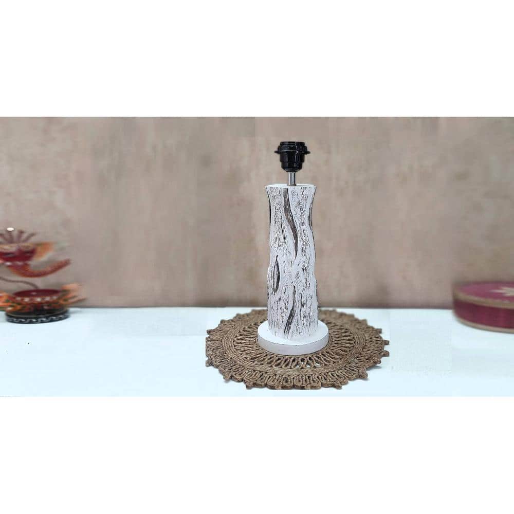 Adams White Handmade Distress wooden Table lamp in Vase design in Rustic Bark finish with Black fabric shade