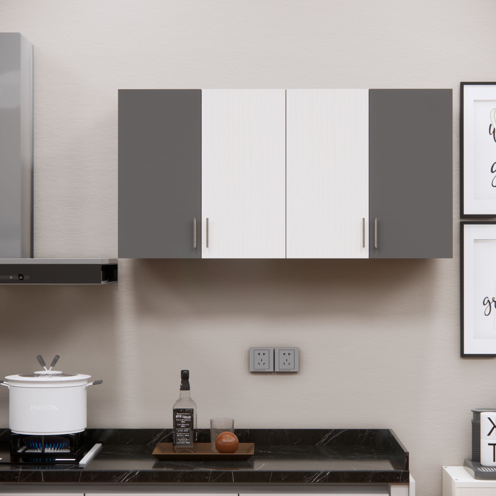 4 Doors Modular Wall Mounted Kitchen Cabinet With Adjustable Shelf In Scarlet Grey Finish