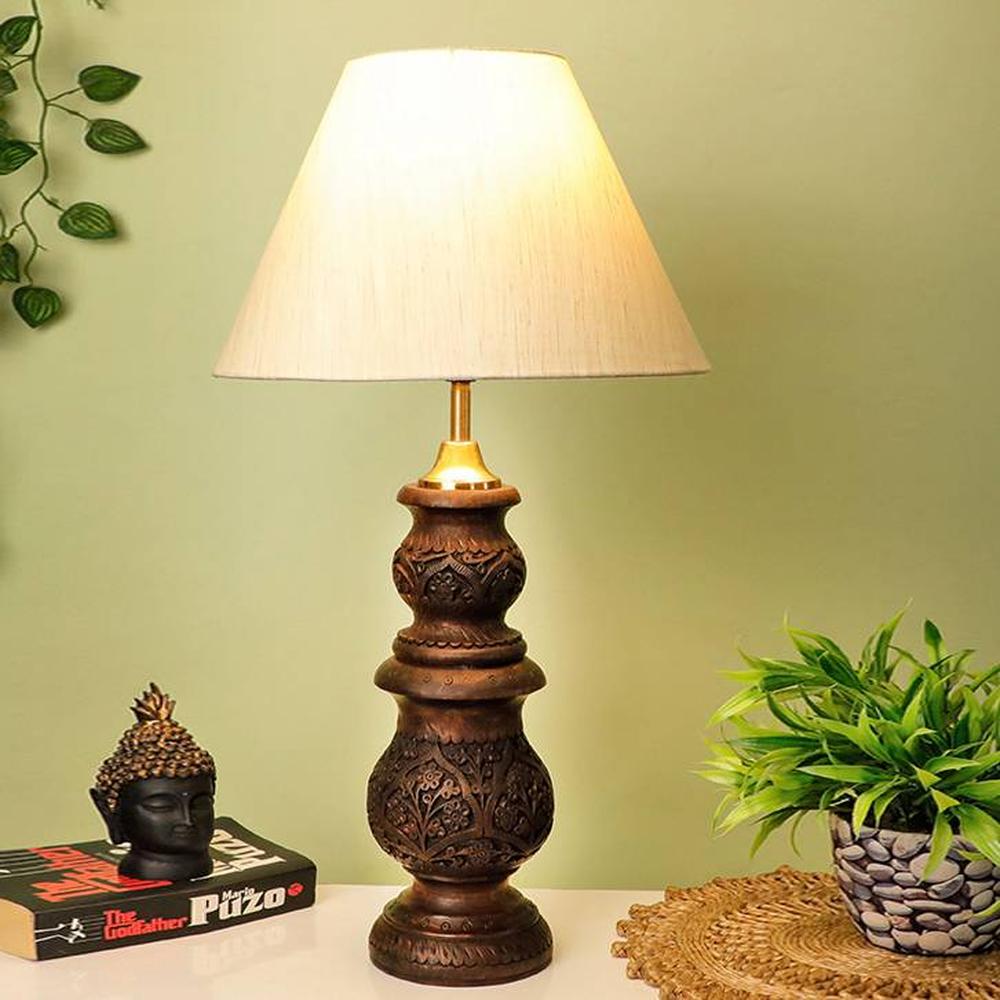 Rory Beige Fabric Shade Table Lamp with Solid Wood Base