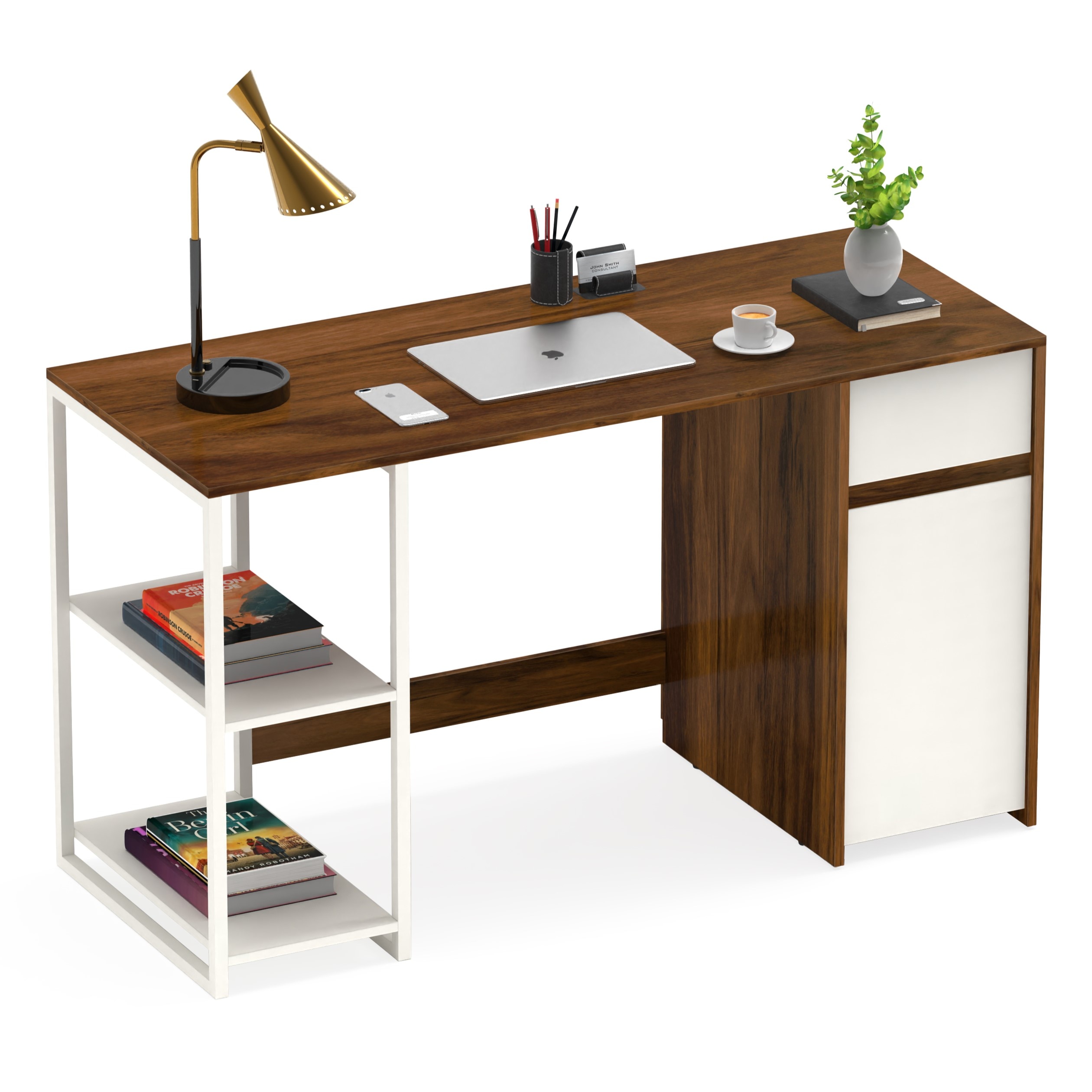 BLUEWUD Corbyn Engineered Wood Study and Computer Laptop Table for Home or Office, WFH Desk, with Drawer Shelves Storage for Adults Kids Students (Brown Maple & White - DIY)