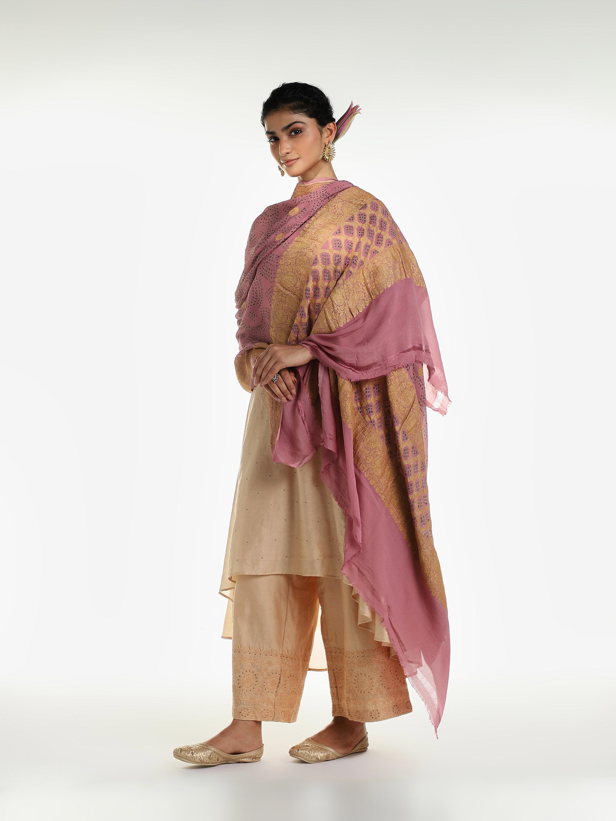 Pastel Pink Banarasi Crepe Bandhani Tie & Dye Dupatta