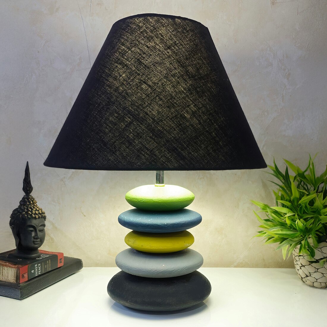 Multicolour Handpainted And Hancarved Distress Wooden Stone Finish Table Lamp