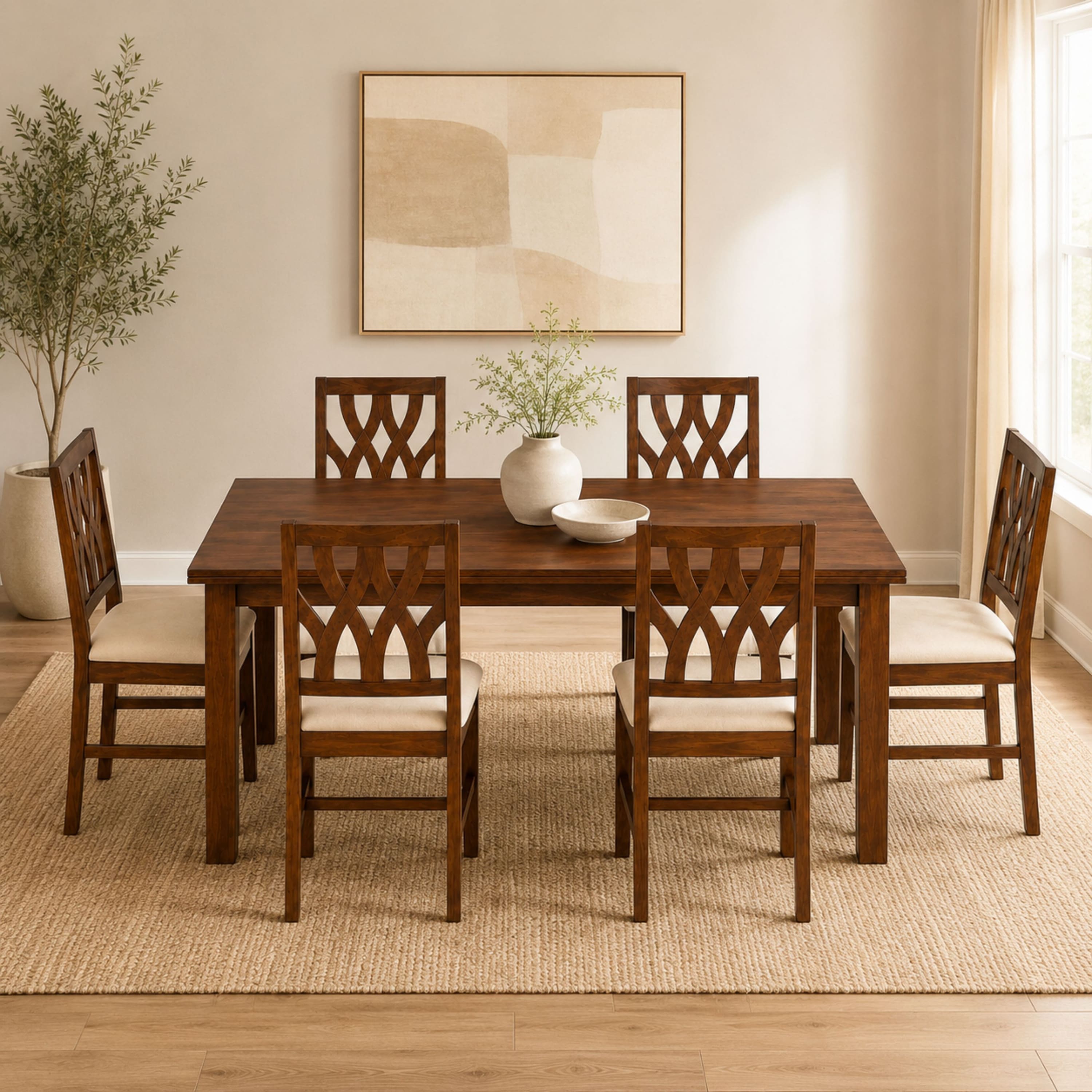 Globally Indian Prisha Solid Sheesham Wood 6 Seater Dining Table Set 6 Chairs Beige