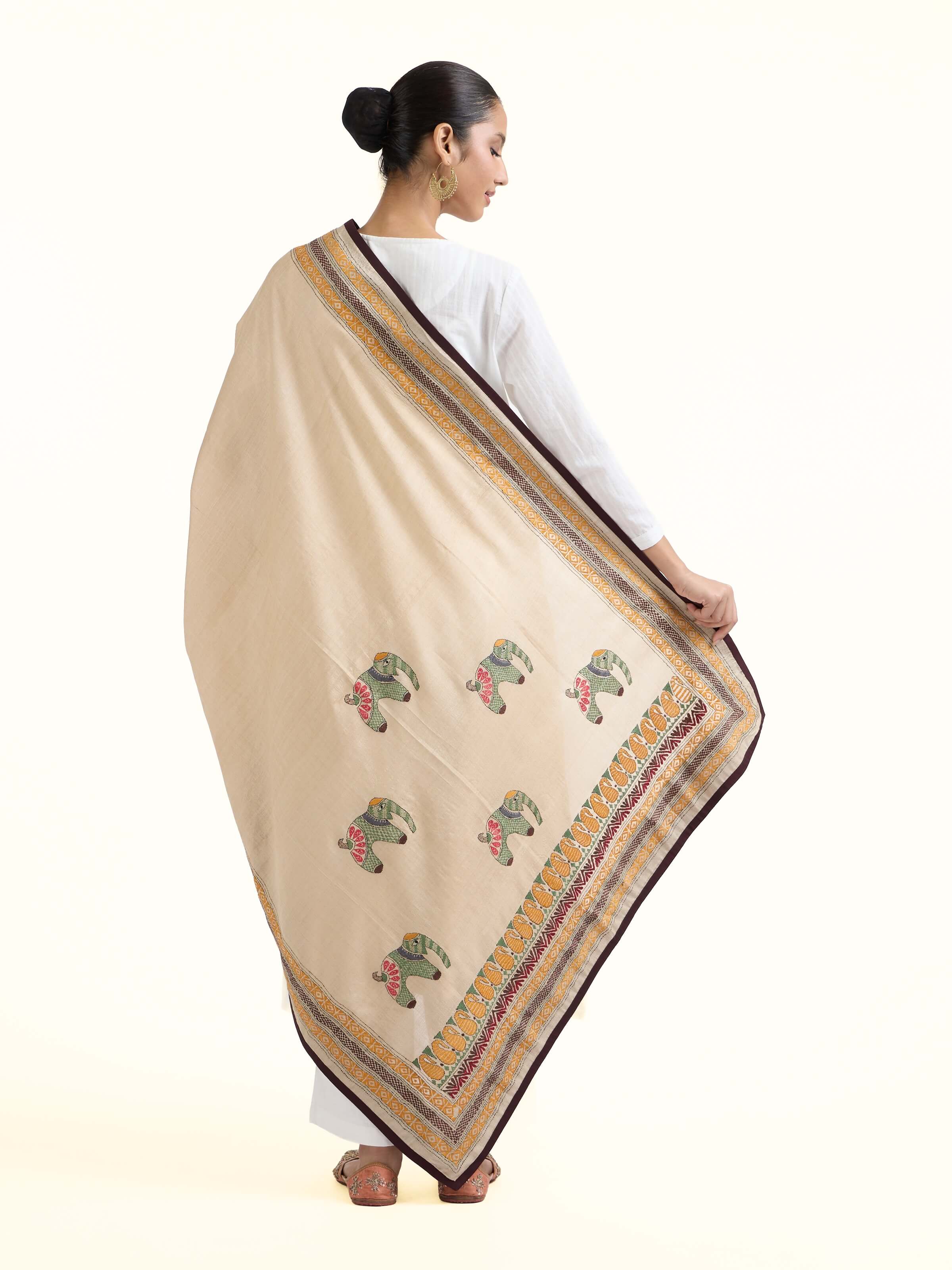 Back view of beige tussar silk kantha embroidered dupatta displaying overall design