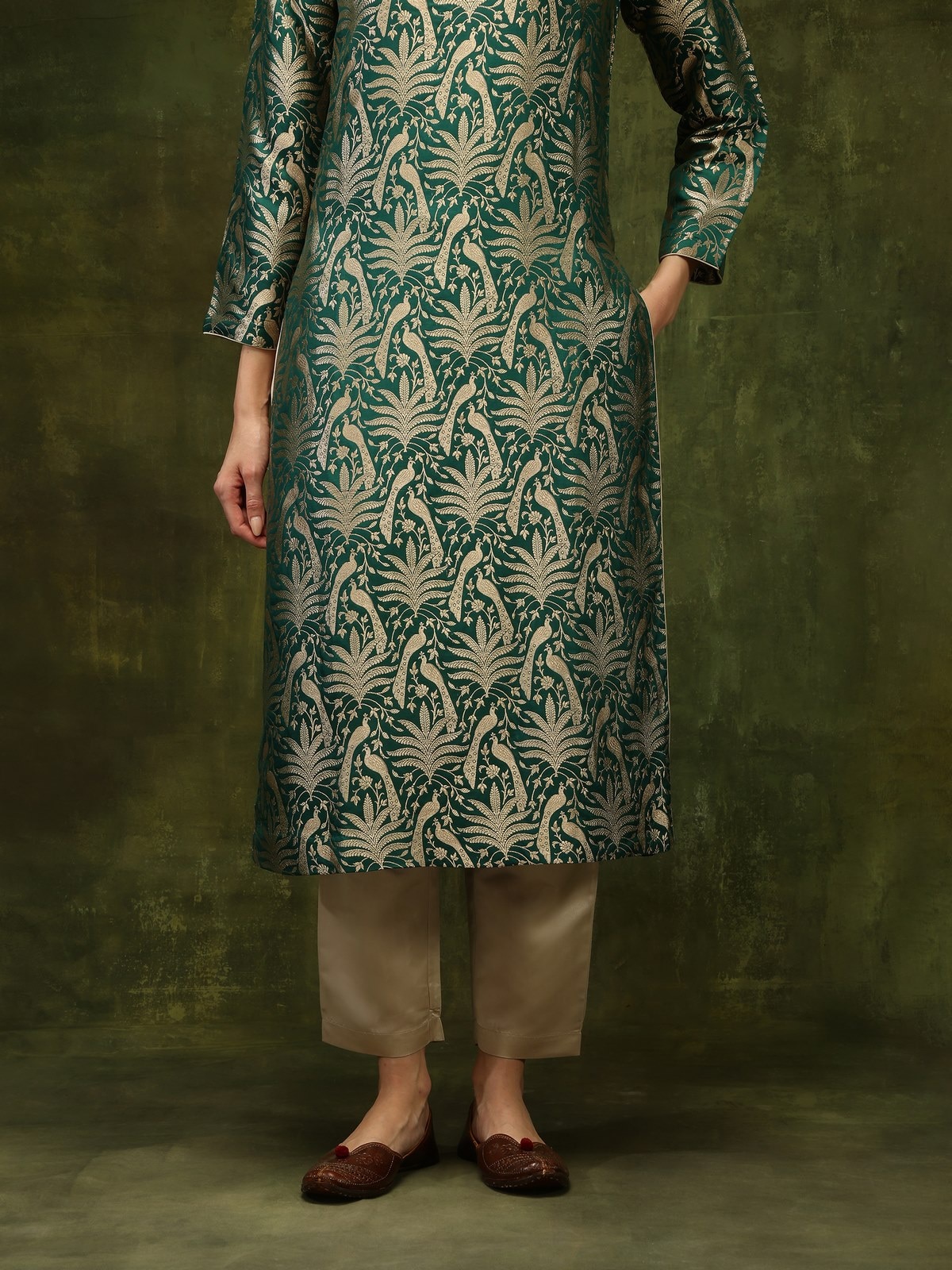 Beige Banarasi Cigarette Pants