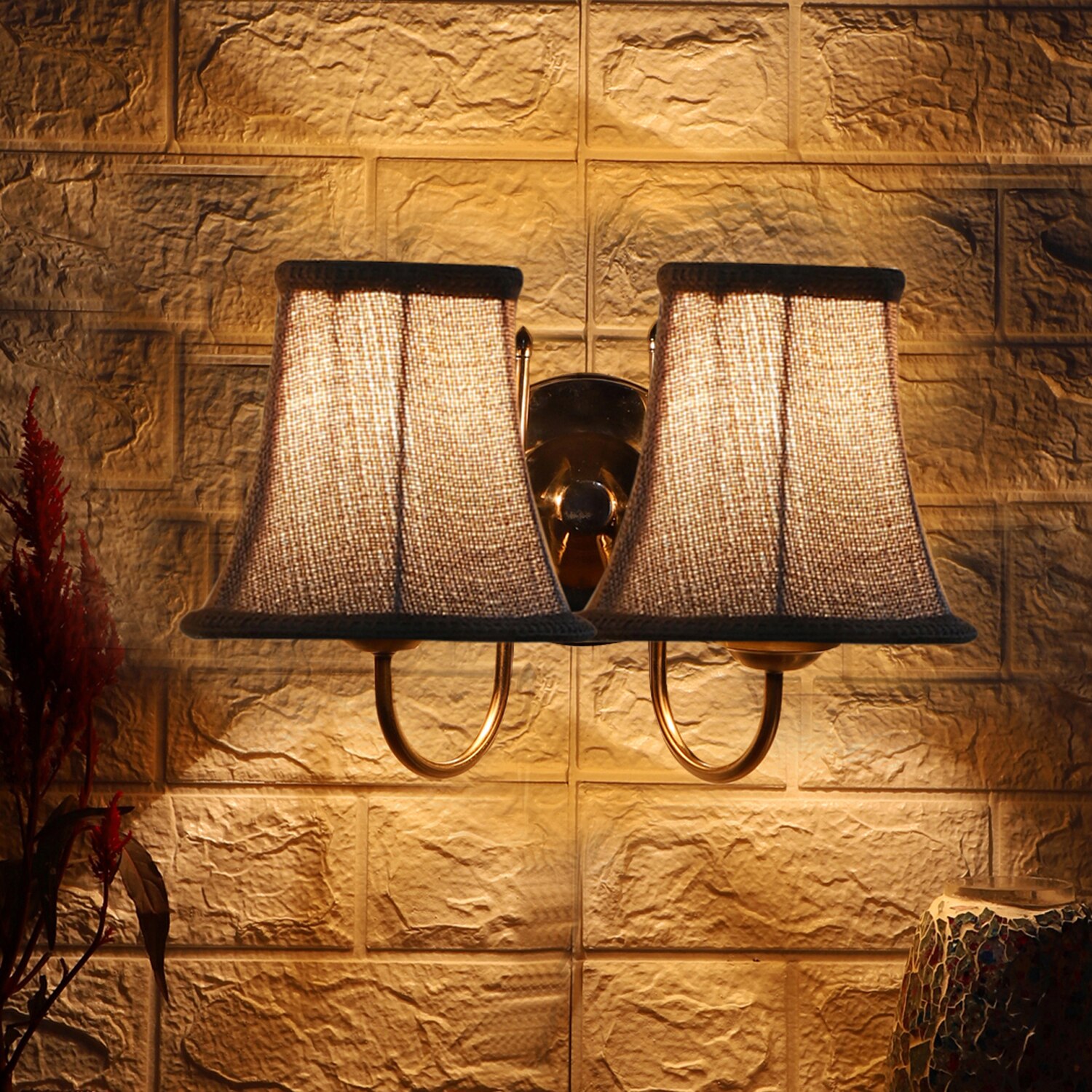 Devansh Dual Steel Metal  Wallmounted Lamp With Beige Jute  Shade