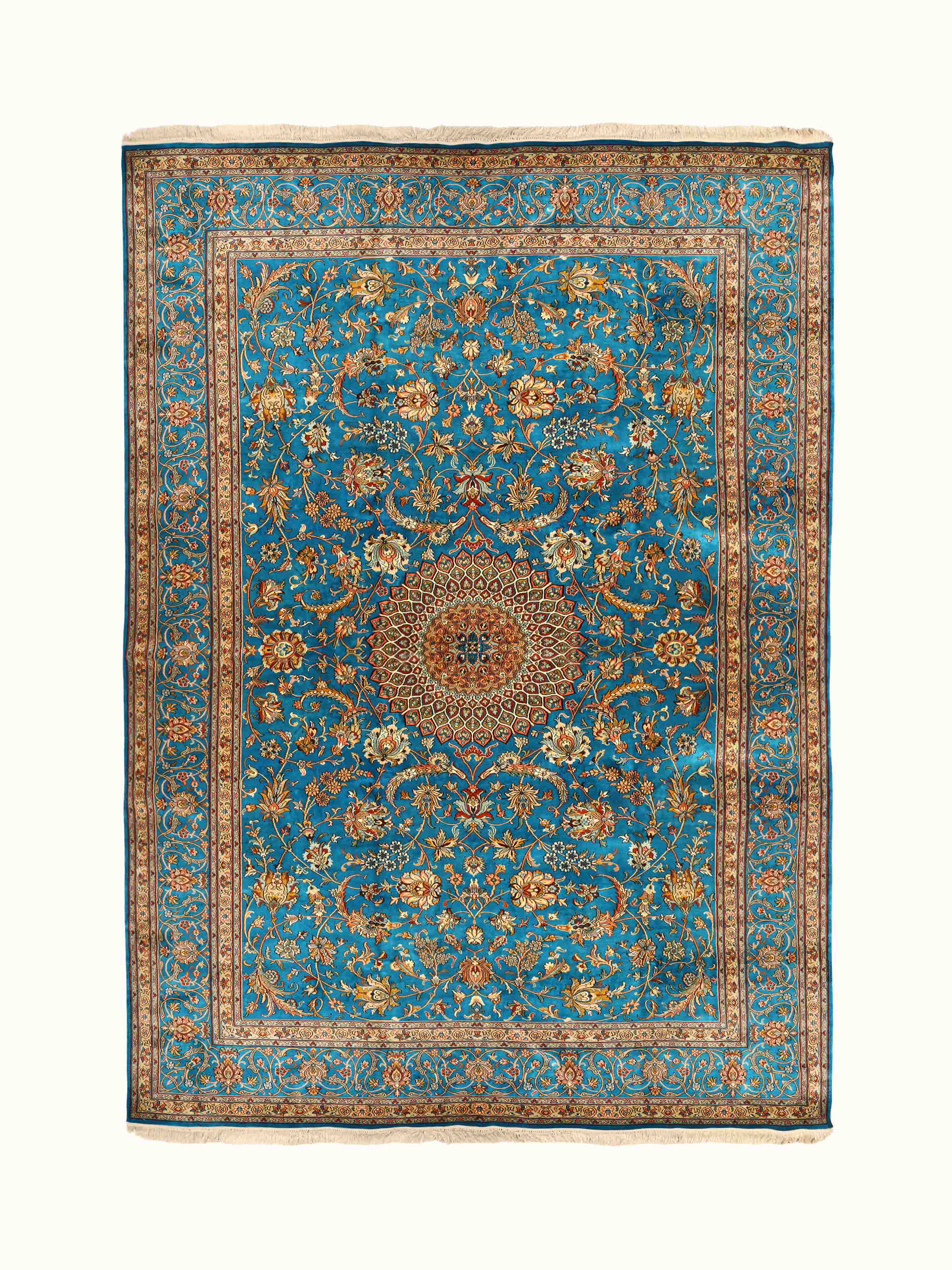Traditional Persian Azure Cream Medallion Kashmir Silk Hand-Knotted Carpet