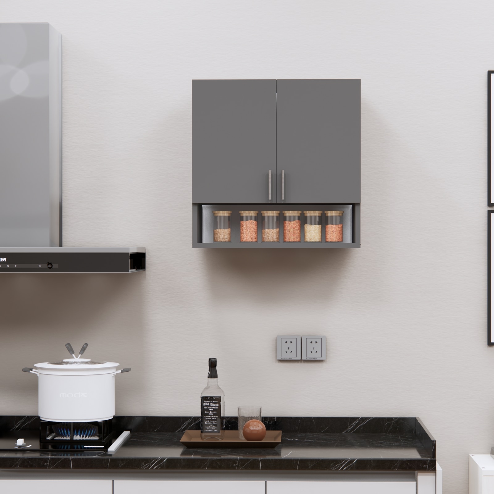 2 Doors Modular Wall Mounted Kitchen Cabinet With Organizer Shelf In Slate Grey Finish - Speciality Panels