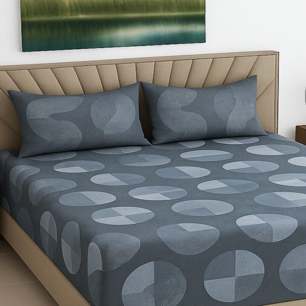 Quin Grey Geometric 400 TC Cotton Flat Queen Size Bedsheet with 2 Pillow Covers – Threads