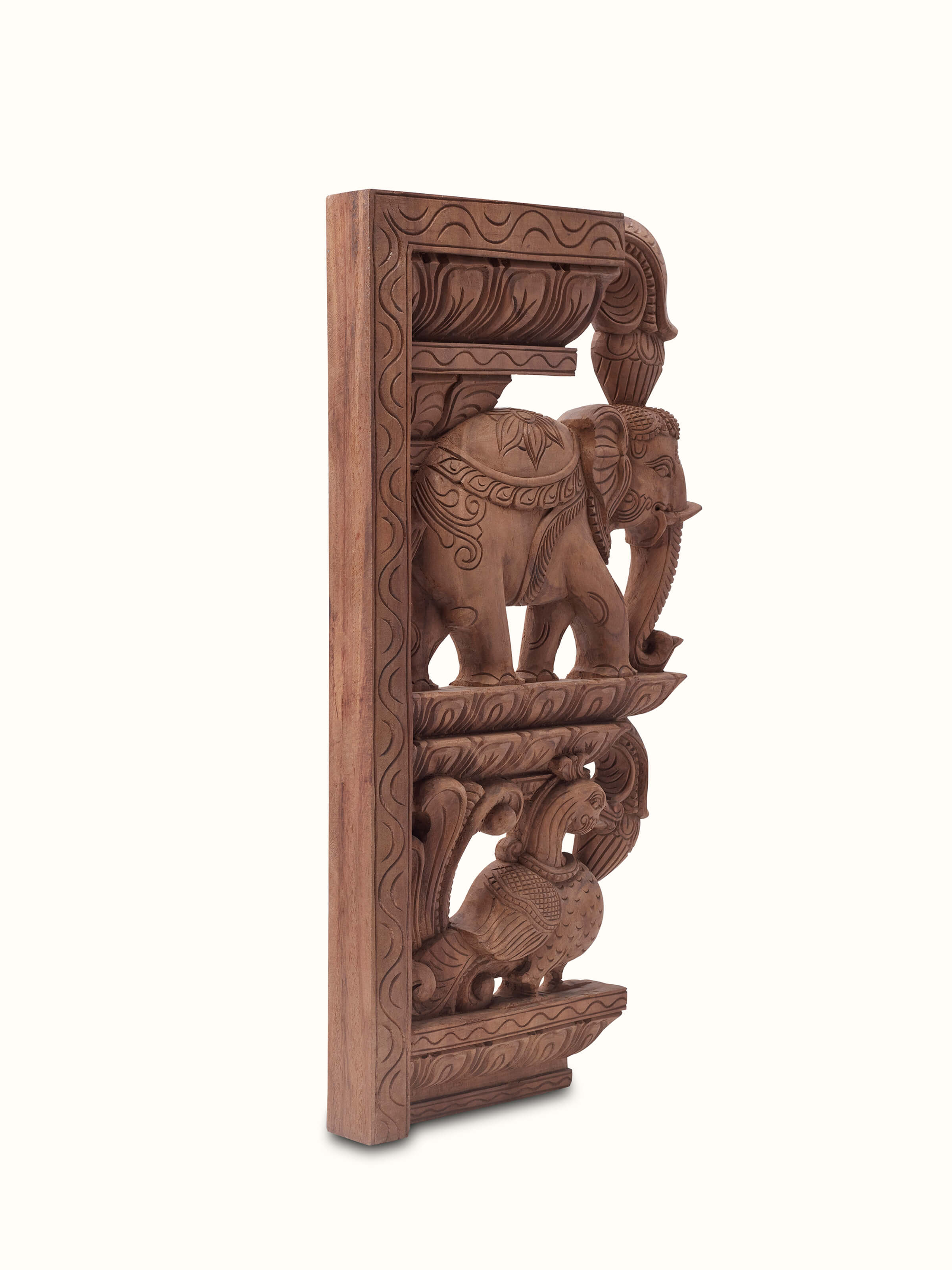 Another alternate view of Bapatla Carved Neem Wood Elephant Brackets Sculpture (2 pcs) showcasing the detailed elephant figures.